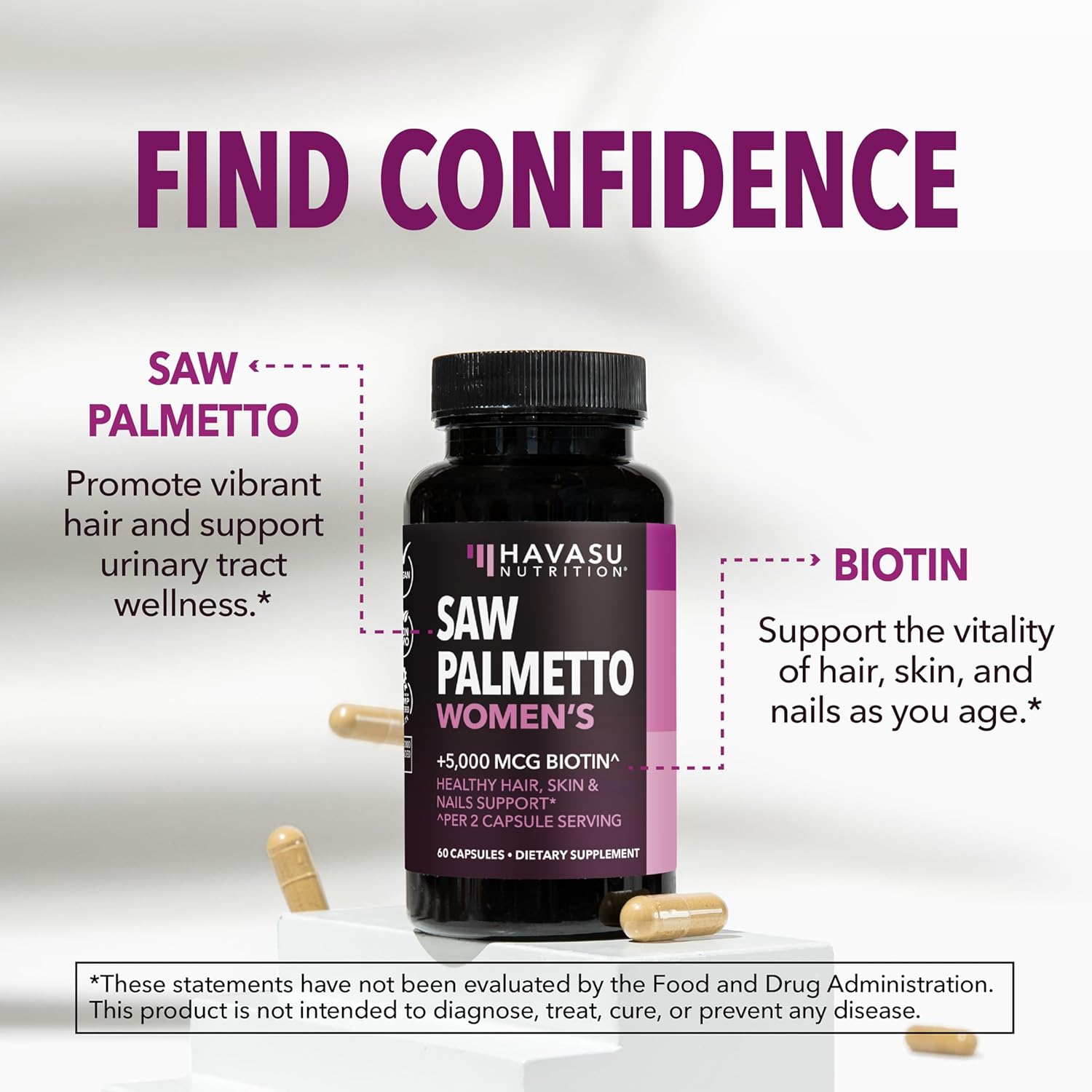 Saw Palmetto for Women with Bitoin 5000mcg Per Serving, 30-Day Supply | Vegan, Non-GMO DHT Blocker for Women for Hair, Skin and Nails, Saw Palmetto Extract with Biotin for Thicker Looking Hair