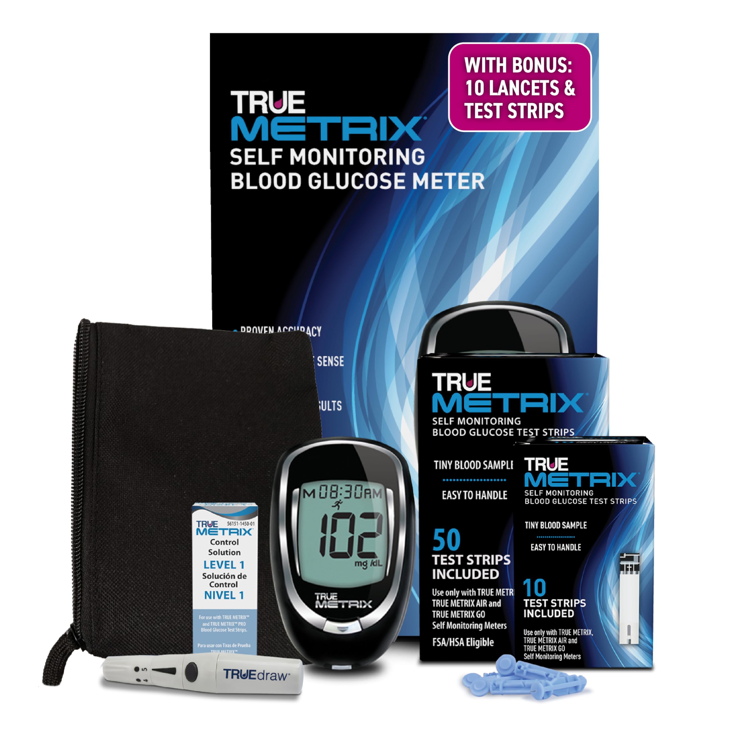 TRUE METRIX GO Meter Value Kit, Blood Glucose Monitor and Testing Supplies | Includes Blood Glucose Meter, Case, 50 Test Strips, Lancing Device - Fast, Easy Testing Supplies for Home Use and Travel
