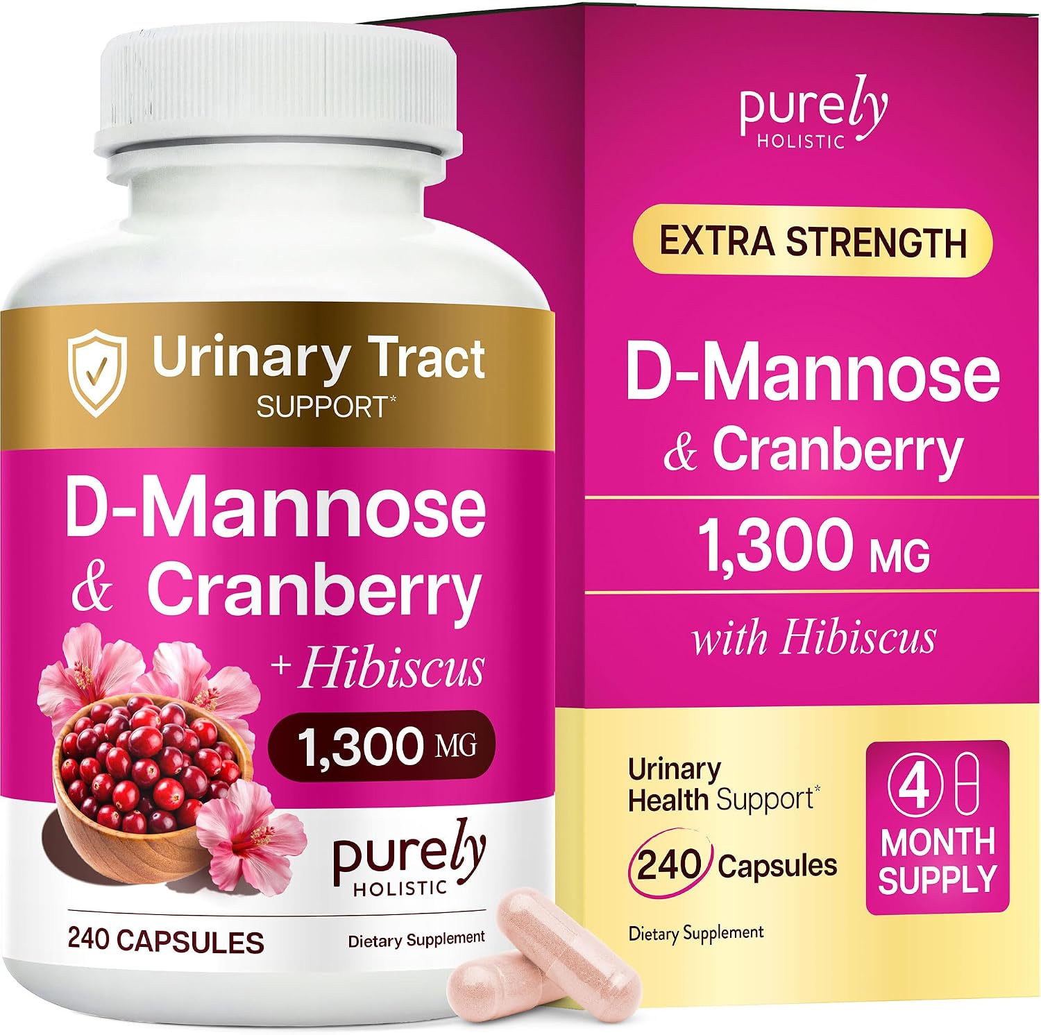 D Mannose with Cranberry, Drug-Free Urinary Tract Health Support, 240 Ct | Evidence-Based DMannose 1300mg for Urinary & Bladder Health for Women, D Mannose Supplements for Women & Men, 4 Month Supply