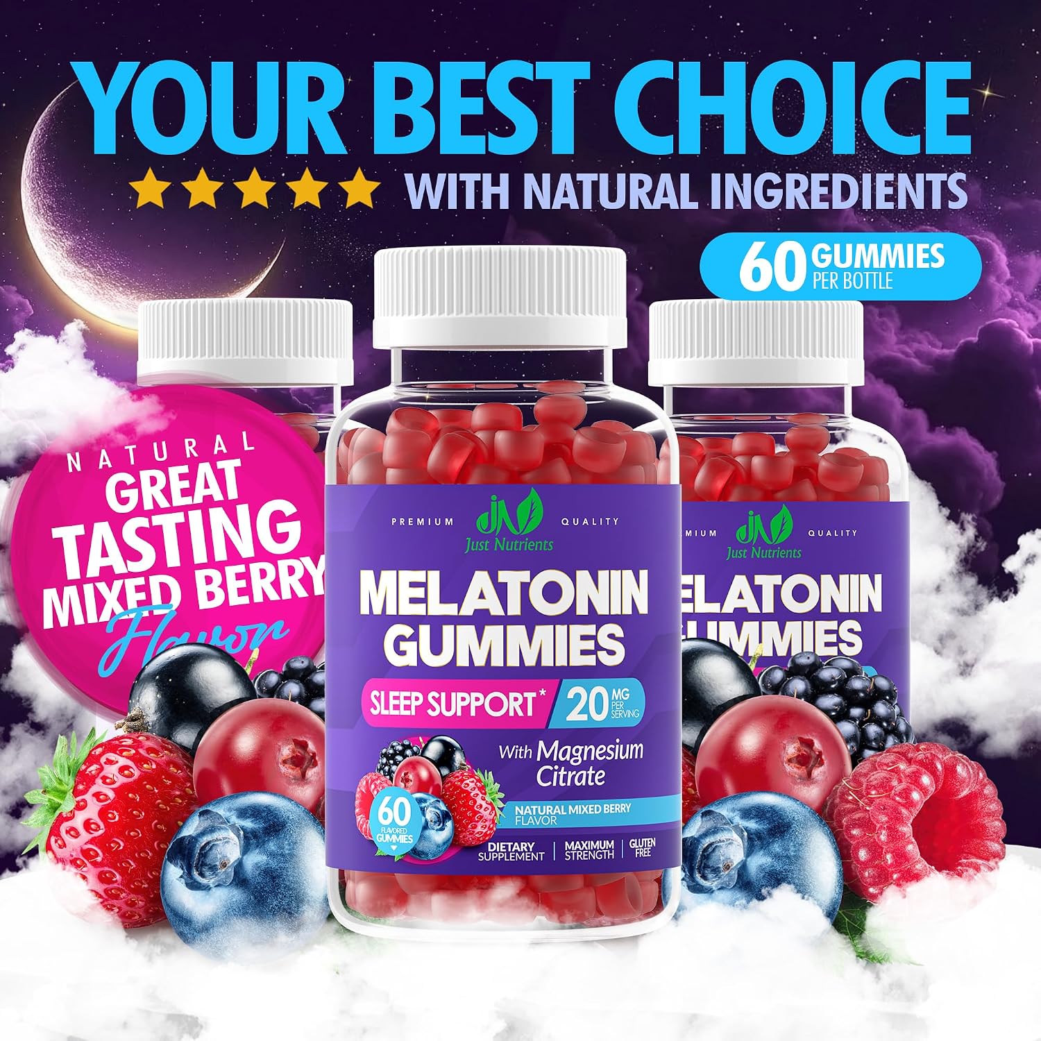 Melatonin 20mg Gummies with Magnesium Citrate - Maximum Strength Sleep Aid for Adults with 10mg of Melatonin Per Gummy - Gluten-Free, Non-GMO, Vegetarian, Mixed Berry Flavor - 60 Gummies
