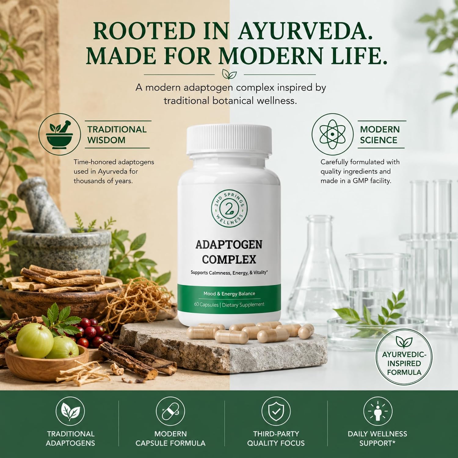 Adaptogen Complex Calmness, Energy and Vitality Booster - Ashwagandha, Schisandra, Astragalus, Ginseng, Rhodiola, and More - Adrenal Support Supplements - 60 Ct