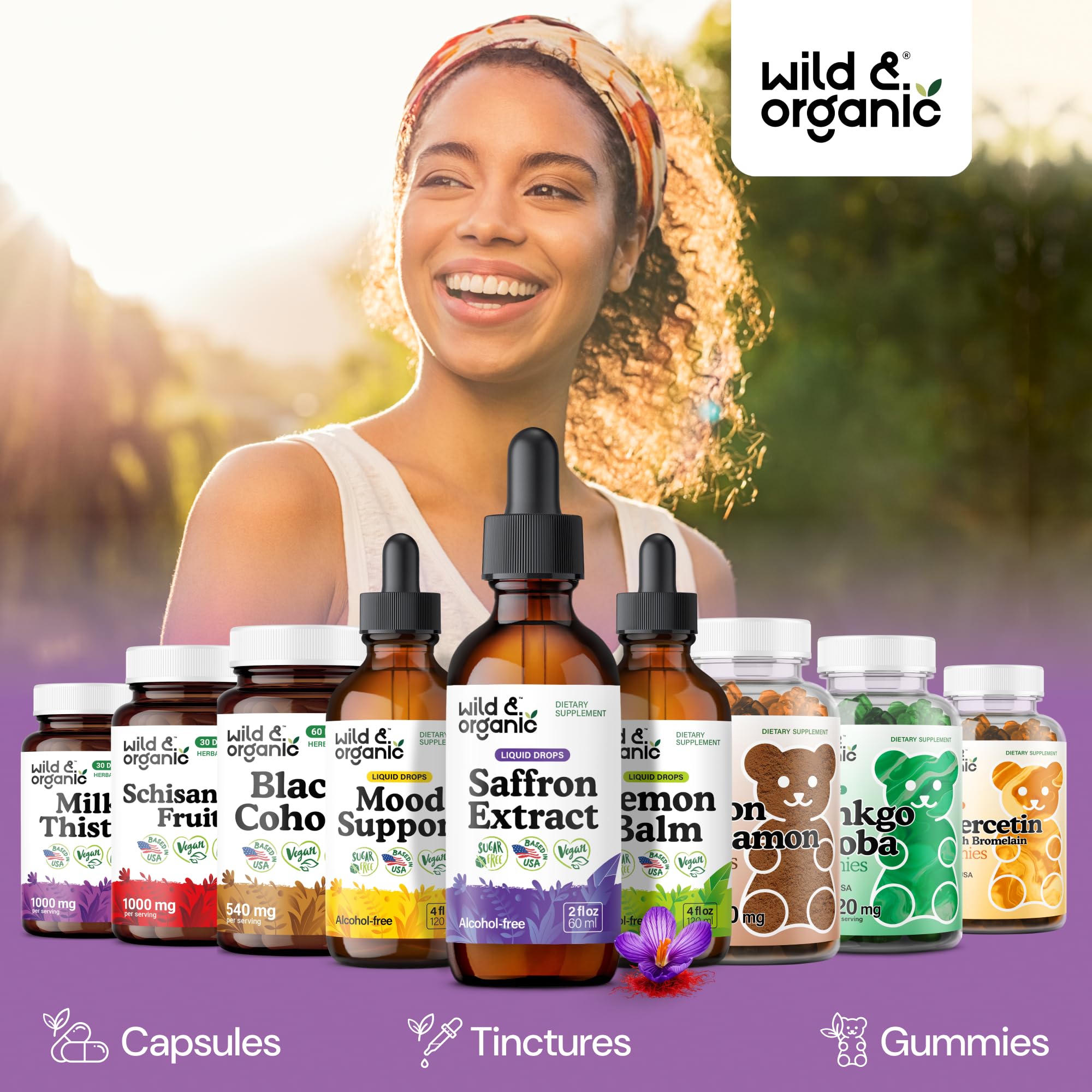 Wild & Organic Saffron Supplements 88.5 mg - Mood, Brain & Vision Support - Liquid Saffron Drops - Add to Tea - Crocus Sativus Herb Extract - Vegan, Sugar & Alcohol-Free Tincture - 2 fl oz
