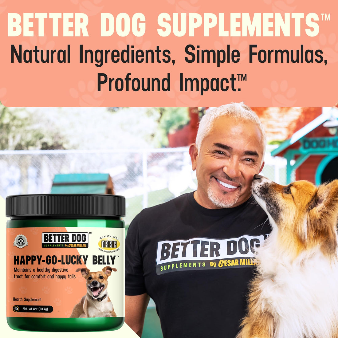 Dog health supplement container with branding and product details on a white background