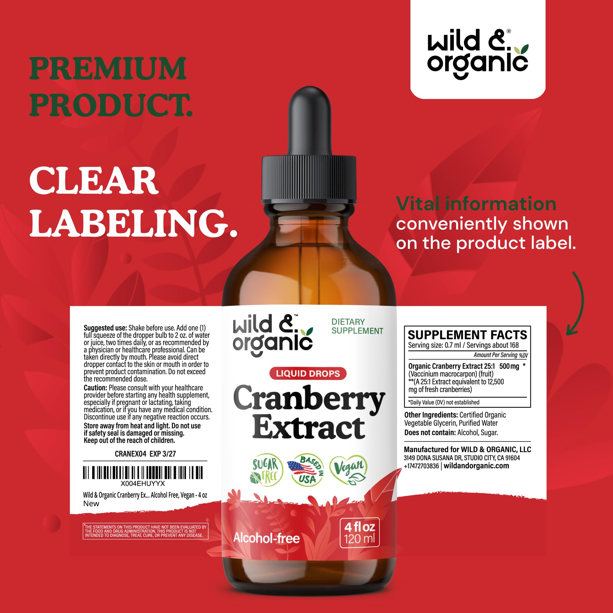 Wild & Organic Cranberry Concentrate Liquid Drops - Urinary Tract Support with Cranberry Supplement for Women & Men - 500 mg Extract per Serving - Vegan, Sugar & Alcohol-Free - 4 fl oz