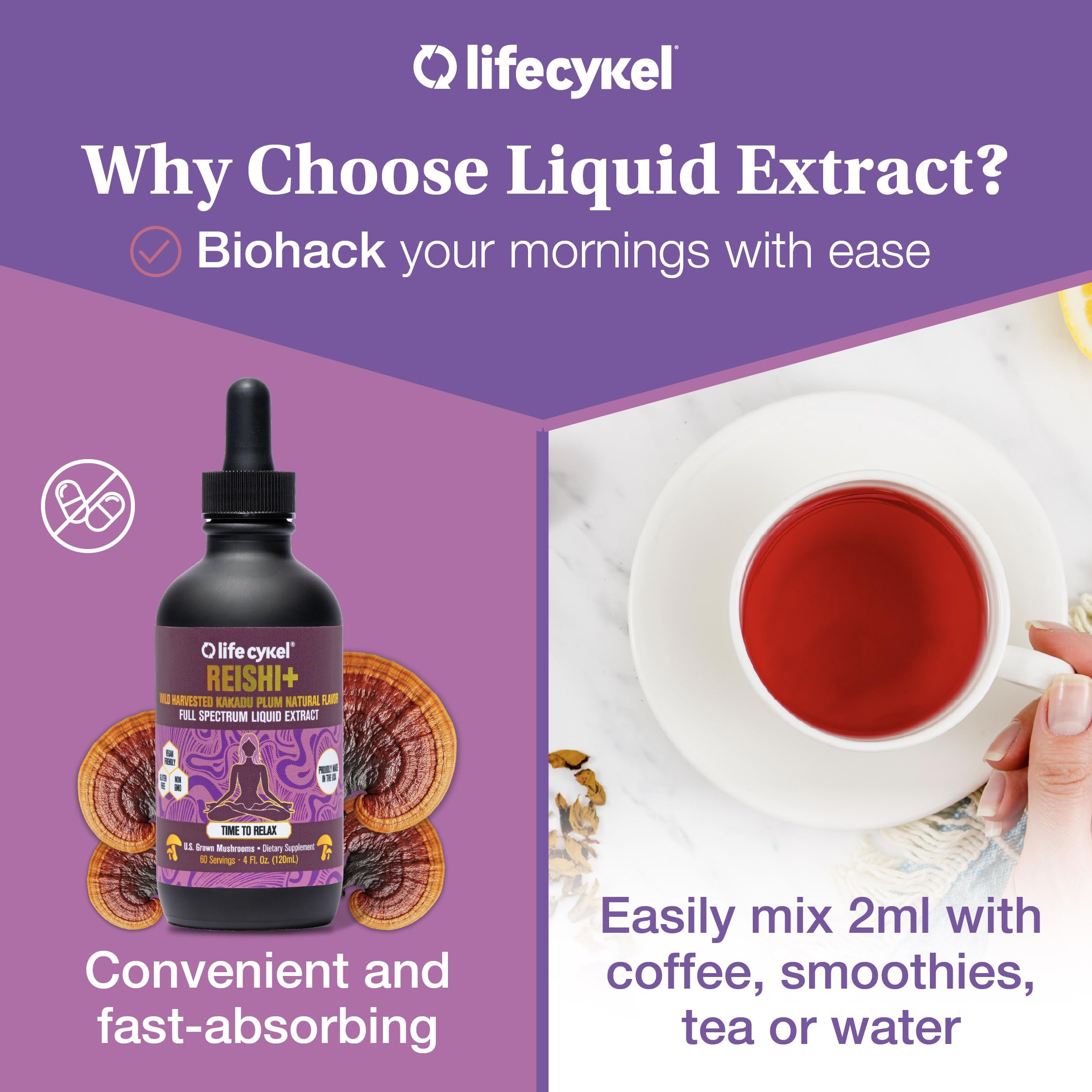 Life Cykel - Reishi Mushroom Extract with Wild Kakadu Plum - Potent Immune & Sleep Support Supplement, Vitamin-C Rich Adaptogen Mushroom Drops - 4 Fl Oz