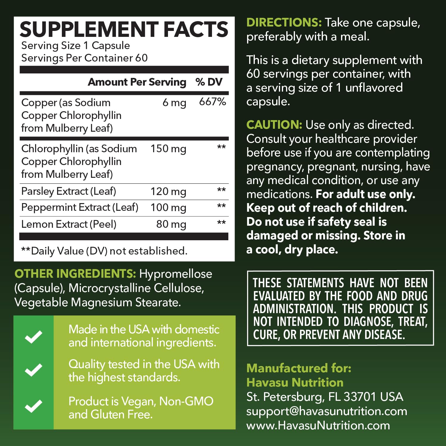 Chlorophyll Pills for Internal Cleanse & Balance, 30 Count, Internal Detox | Skin Health and Body Deodorizing Supplement with Parsley Peppermint & Lemon Extract, Vegan Non-GMO Chlorophyll Capsules