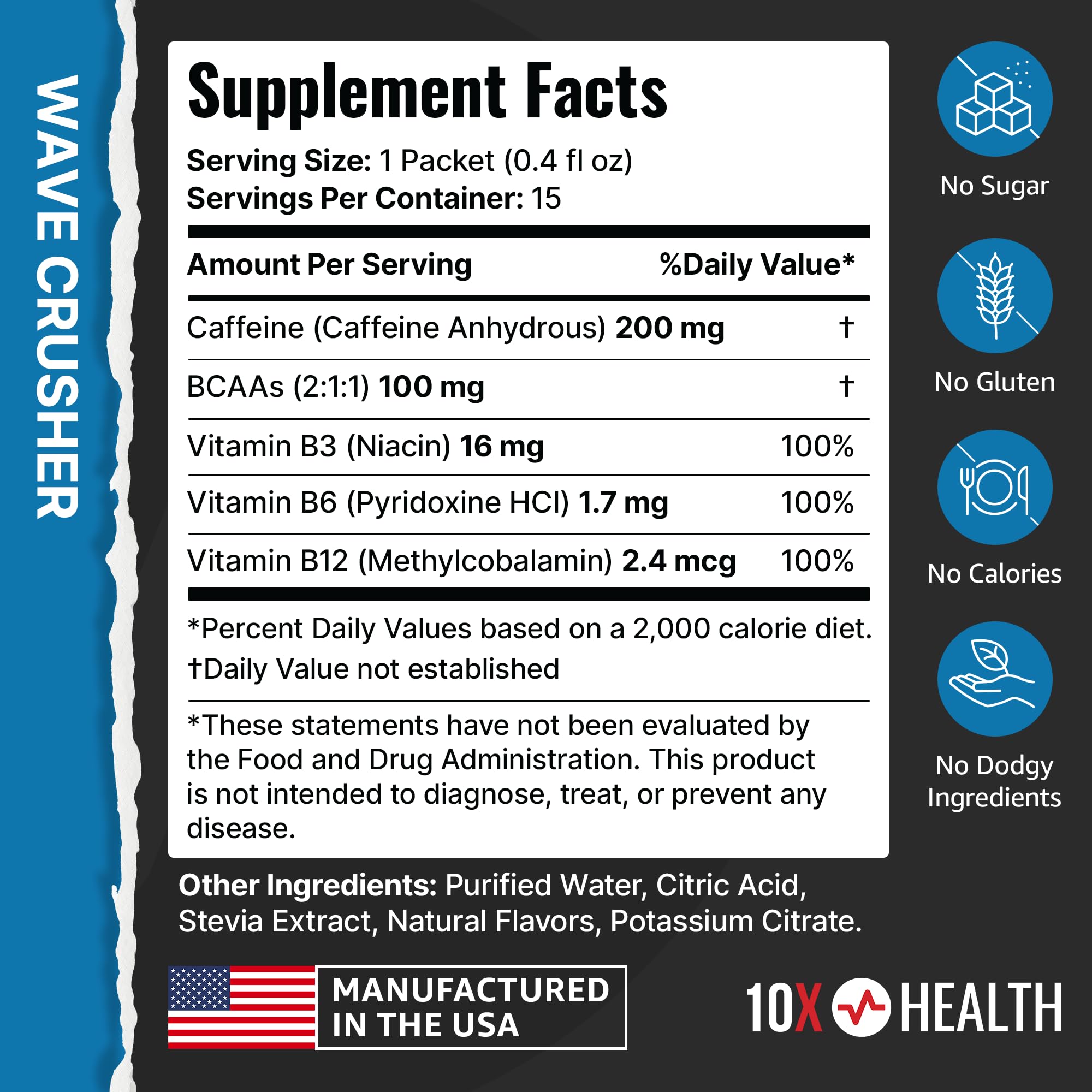 10X Health Electrolyte Drink Mix - Wave Crusher, 15 Sticks | Hydration Packets: Sodium, Magnesium & Potassium Citrate, Wave Crusher, 15 Sticks