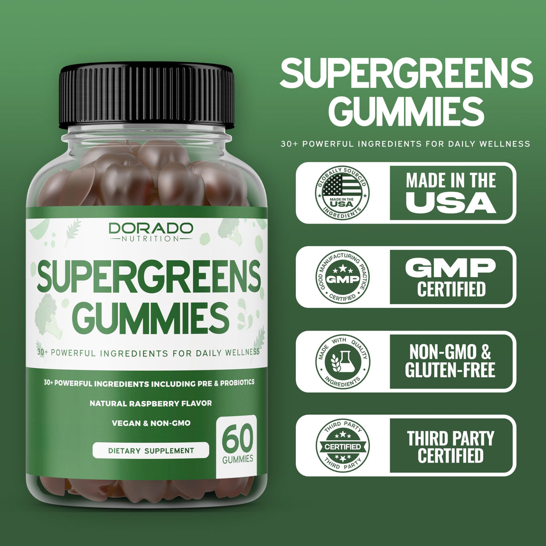 Two bottles of Dorado Naturals Supergreens Gummies on a white background