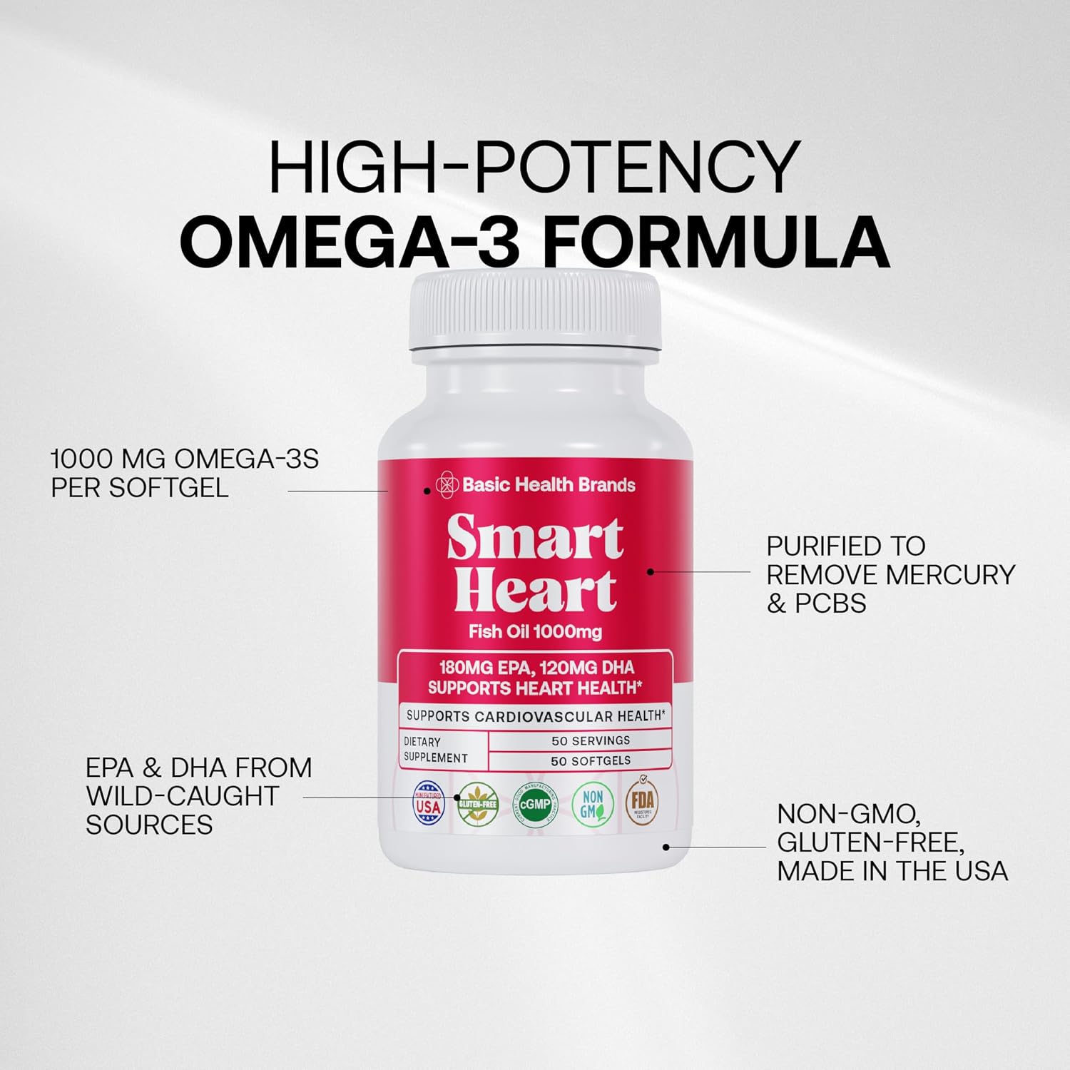 Basic Brands Smart Heart Omega-3 Fish Oil 1000 mg | Heart, Brain & Joint Health, Healthy Triglycerides, Purified Fish Oil, Non-GMO, Gluten-Free, 50 Softgels