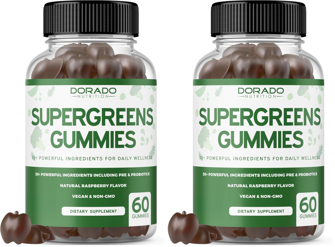 Two bottles of Dorado Naturals Supergreens Gummies on a white background