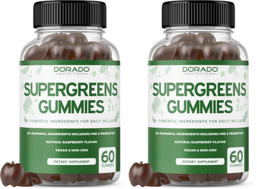 Two bottles of Dorado Naturals Supergreens Gummies on a white background