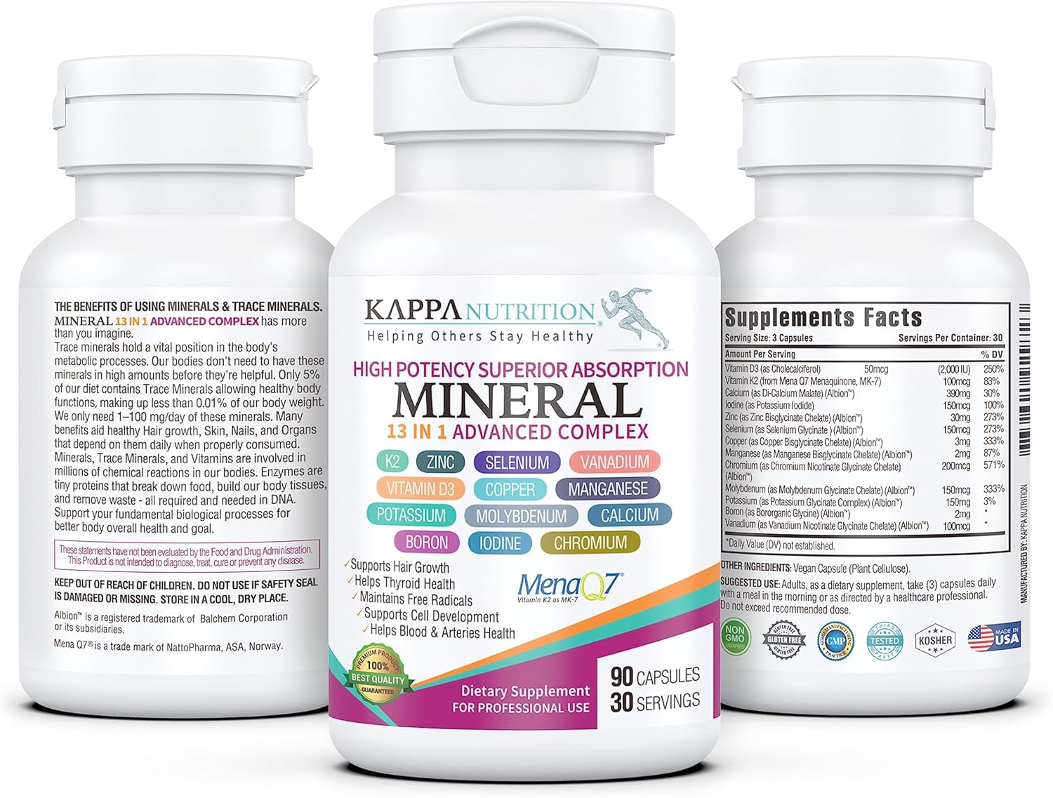 KAPPA NUTRITION Mineral 13 in 1 Advanced Complex with Albion® Chelated Minerals & MenaQ7® MK-7 Vitamin K2 | Calcium, Zinc, Selenium, Chromium, Iodine & Trace Minerals | 90 Vegan Capsules