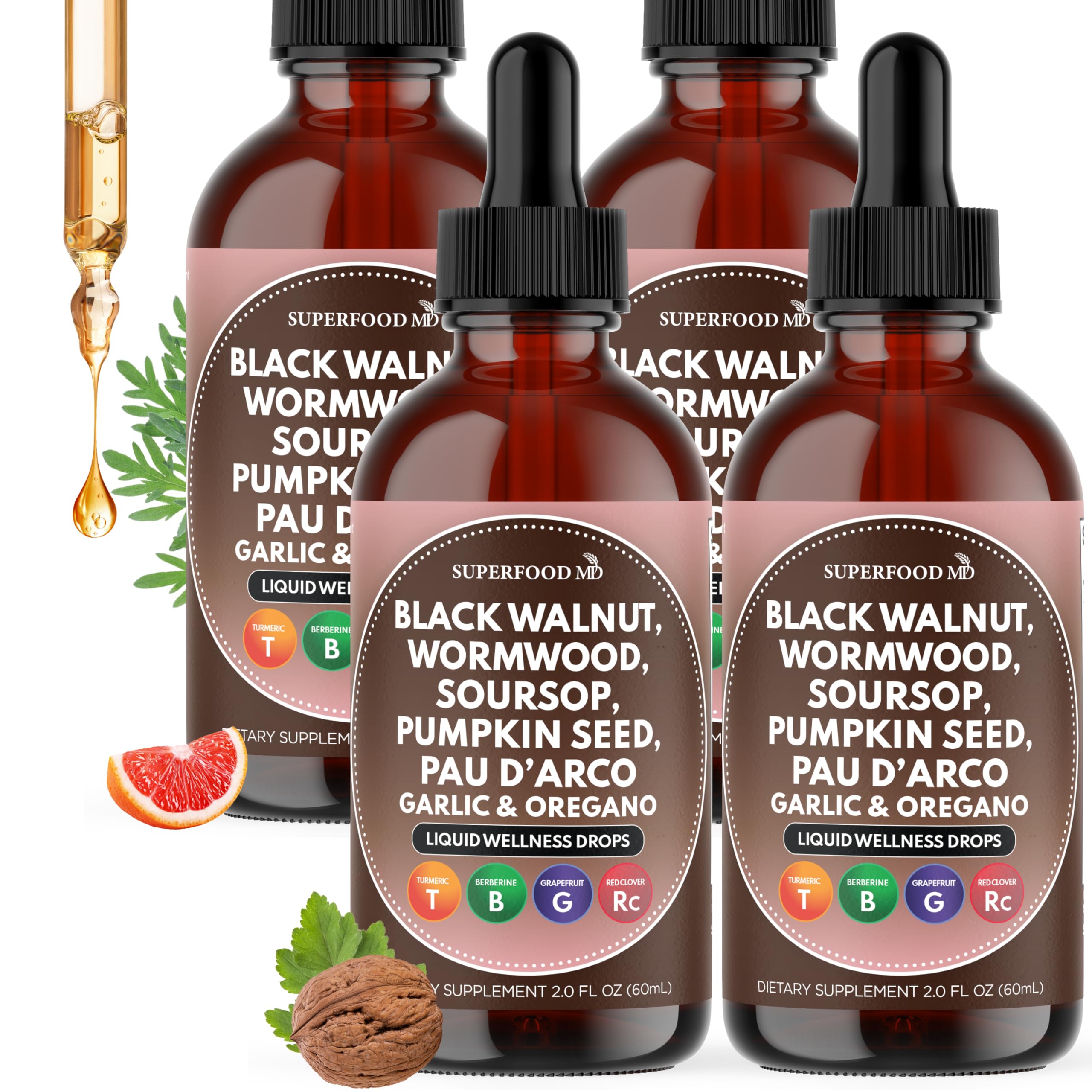 Wormwood Black Walnut Cleanse for Humans Drops Liquid Soursop Garlic Pumpkin Seed PAU D'Arco Oil of Oregano Turmeric Berberine Neem Extract Hull Bark Tincture - 4 oz
