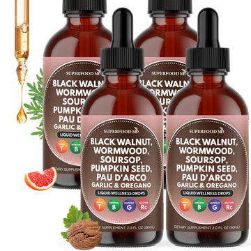 Wormwood Black Walnut Cleanse for Humans Drops Liquid Soursop Garlic Pumpkin Seed PAU D'Arco Oil of Oregano Turmeric Berberine Neem Extract Hull Bark Tincture - 4 oz