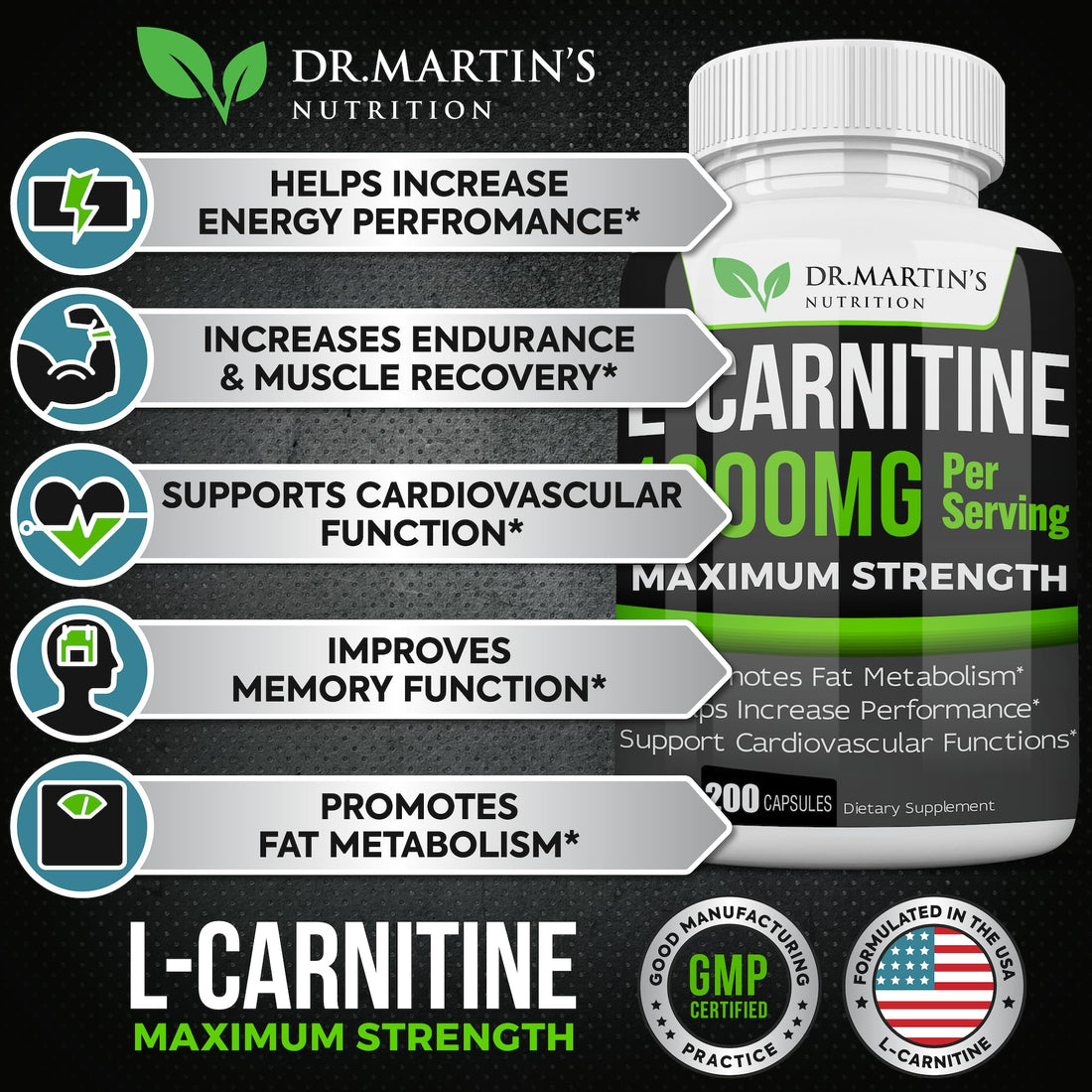DR. MARTIN'S NUTRITION Extra Strength L-Carnitine - 200 Capsules - 1000mg Per Serving - Boost Your Metabolism and Increase Performance