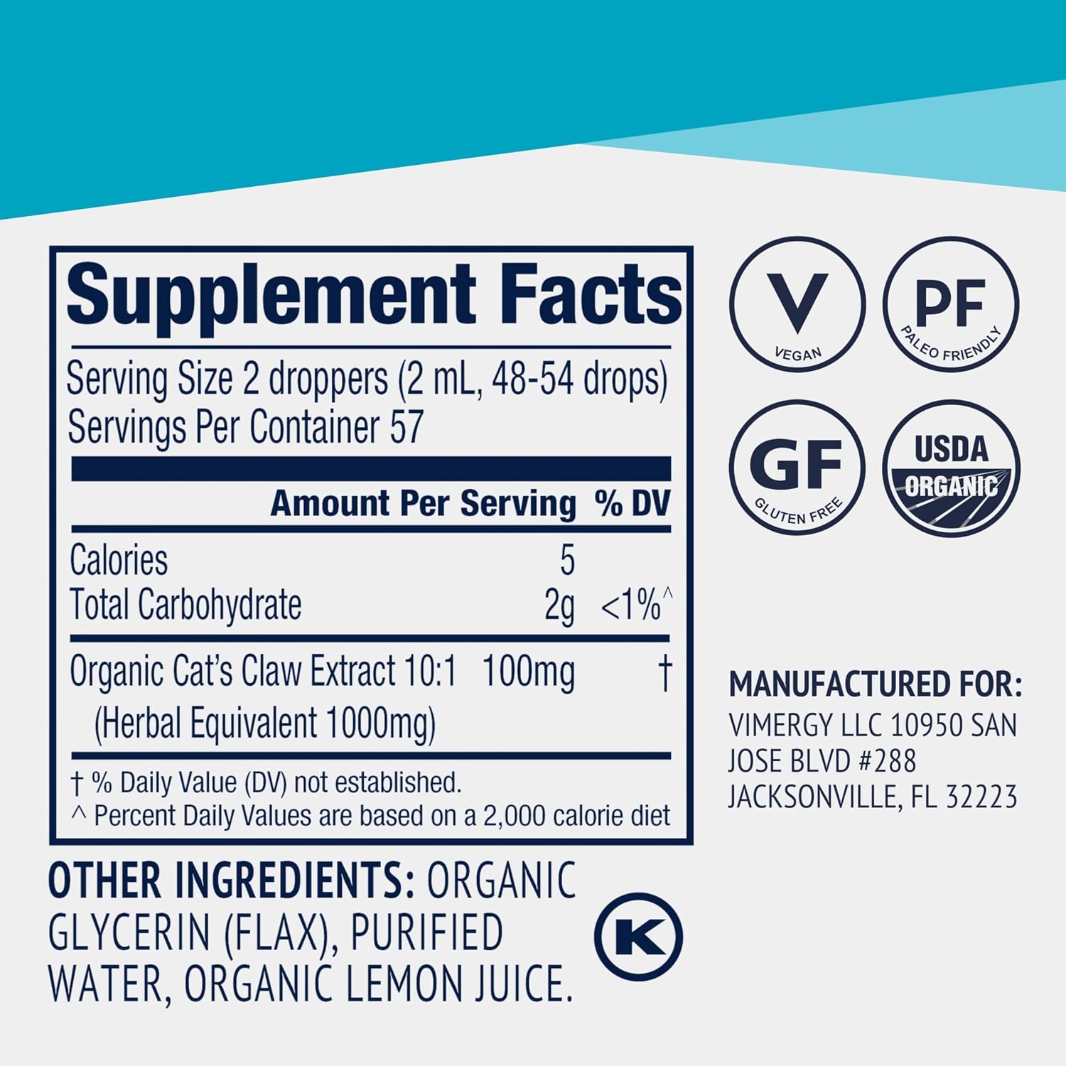 Vimergy USDA Organic Cat’s Claw Liquid – Provides Antioxidant Support* – Benefits The Immune System* – Vegan, Gluten-Free, Non-GMO – 57 Servings (115 mL)