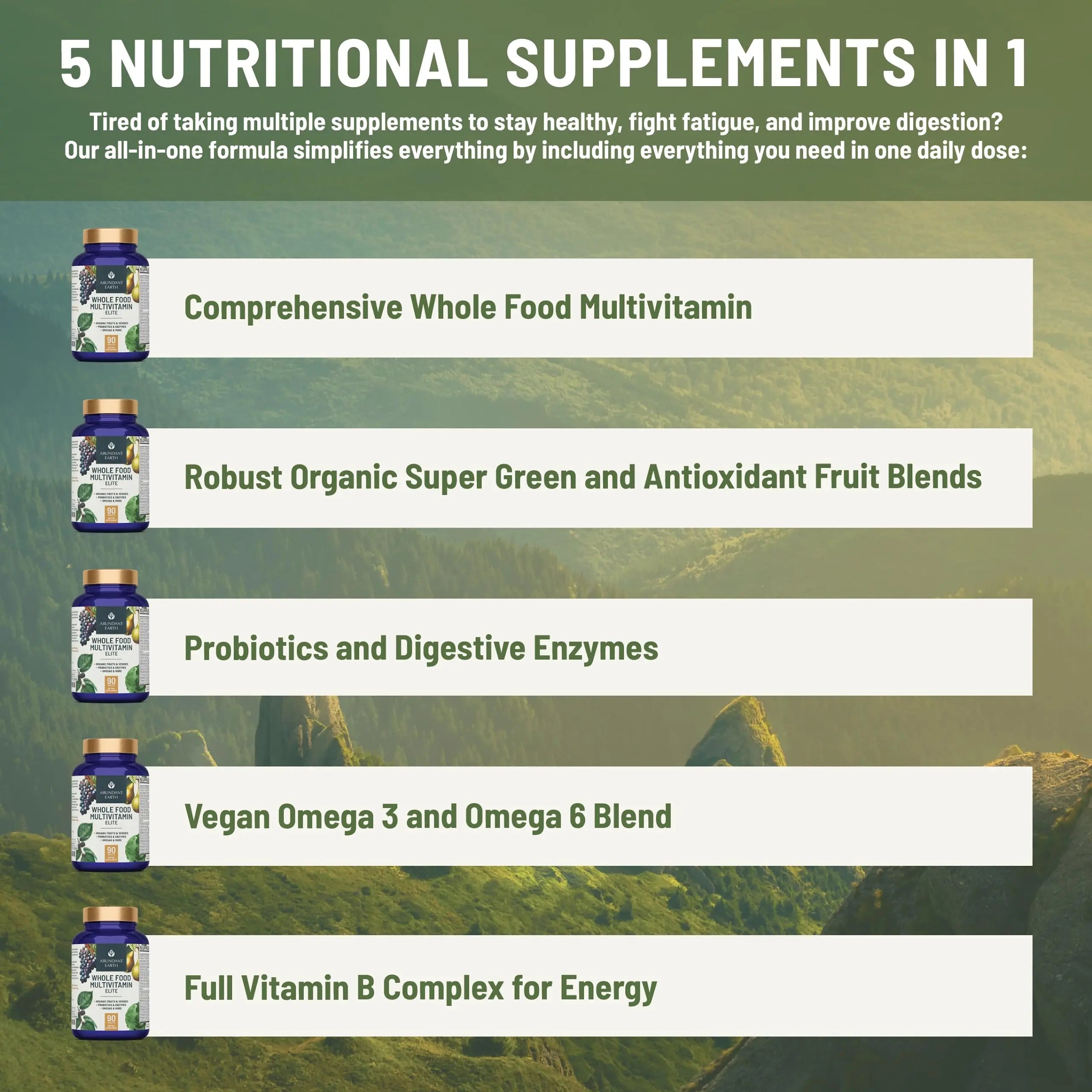Abundant Earth Whole Food Multivitamin for Women, Daily Multi Vitamins Supplements for Men/Mens Multivitamins + B Complex, Probiotic Multi Enzyme Abundant Earth