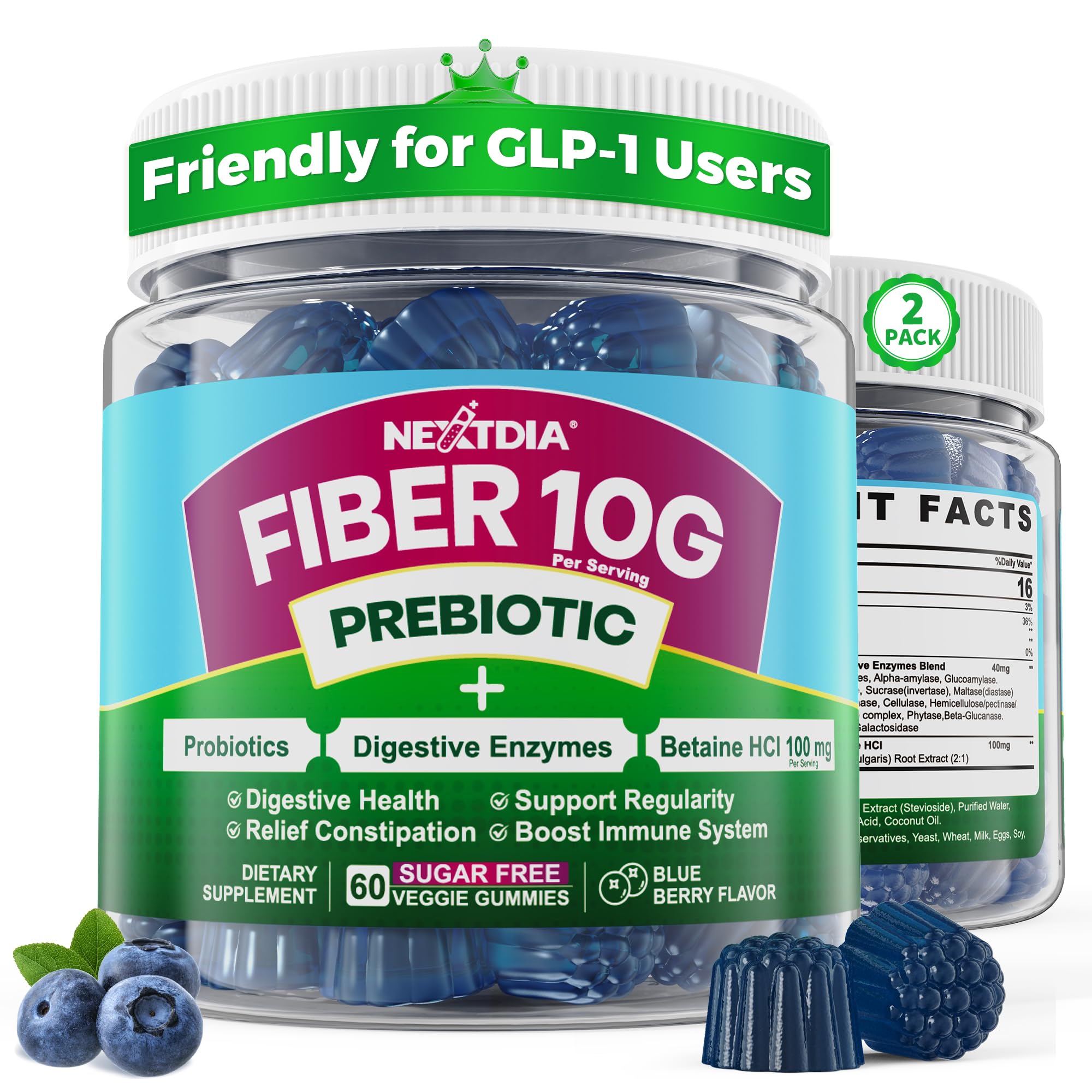 Fiber Gummies for Adults, GLP-1 Friendly 10g Prebiotic Fiber Supplement w/ Digestive Enzymes, Probiotics & 100mg Betaine for Digestive & Gut Health and Regulate Bowel Movement, Vegan, Sugar Free,120ct