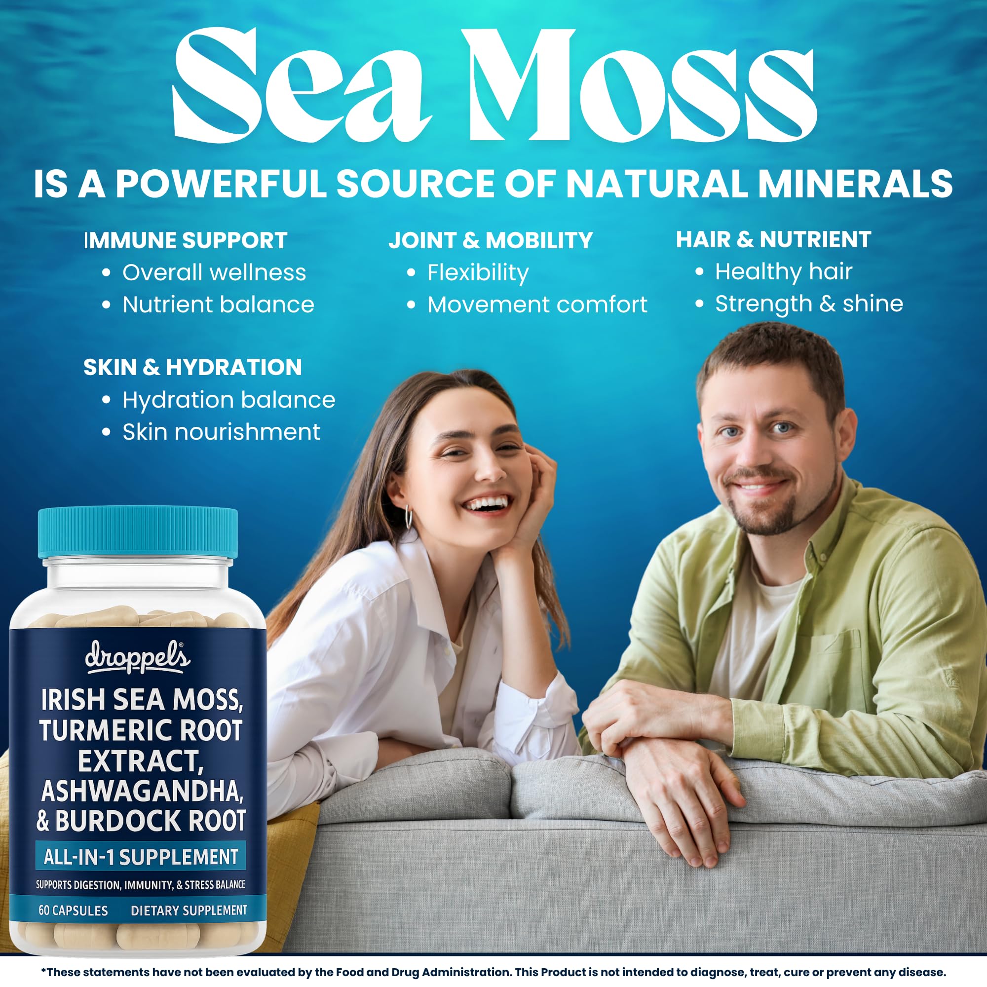 Droppels Irish Sea Moss Capsules with Turmeric Root, Ashwagandha, Black Pepper & Burdock Root – Natural Mineral Blend for Immune, Digestion, Joint & Energy Support – Vegan, Non-GMO – 60 Capsules Droppels buy supplements Au