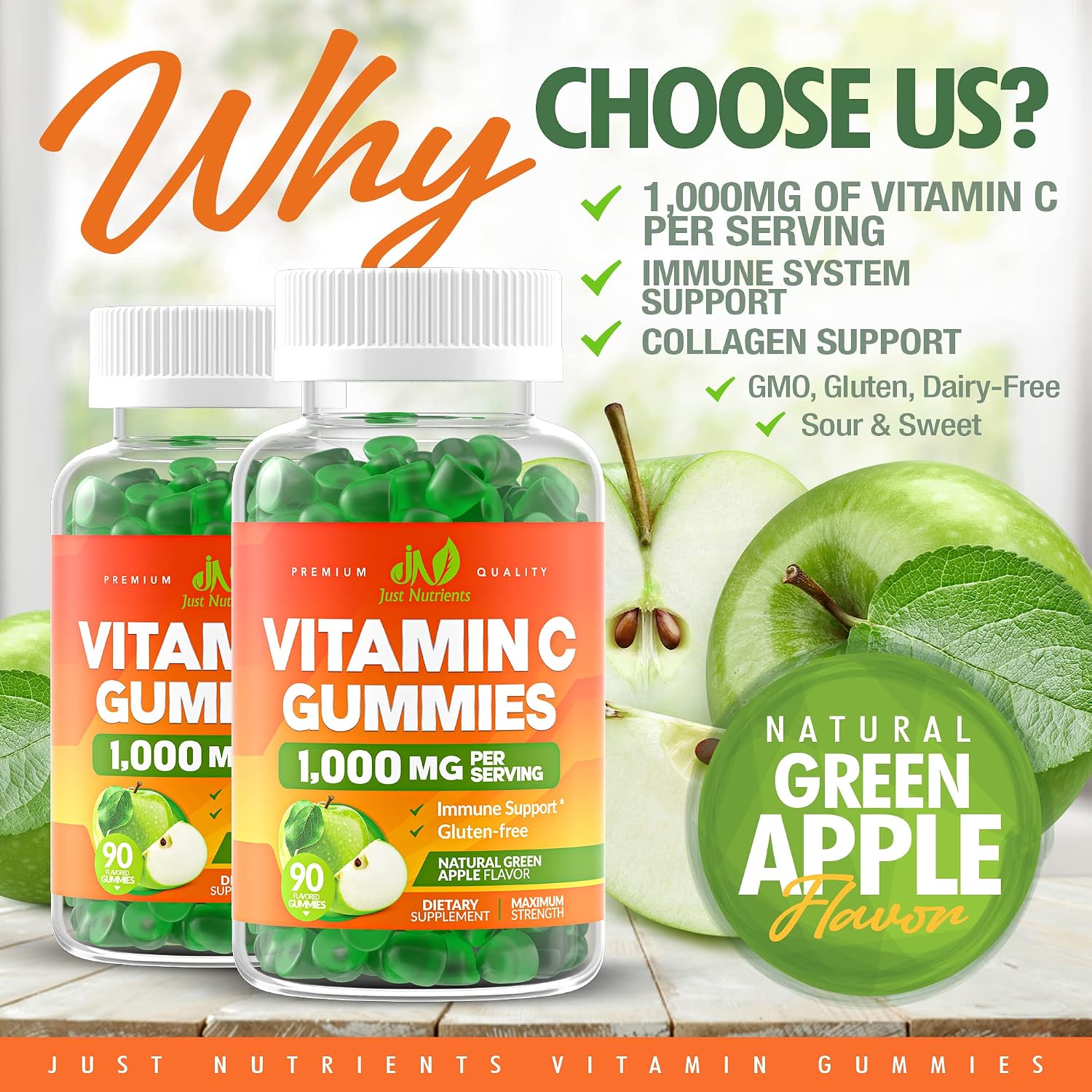 Vitamin C 1000mg Gummies for Adults & Kids, Maximum Strength (90 Count) | Chewable Immune & Collagen Support - Natural Green Apple Flavor - Gluten Free, Vegetarian, Non-GMO