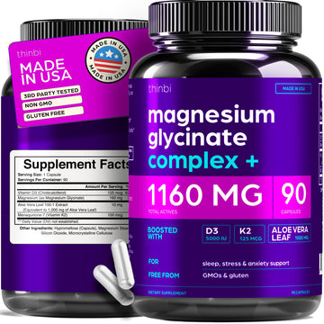 Magnesium Glycinate 1160mg + Aloe Vera, D3 & K2 Complex 90 Capsules - High Absorption, Non-Laxative - Supports