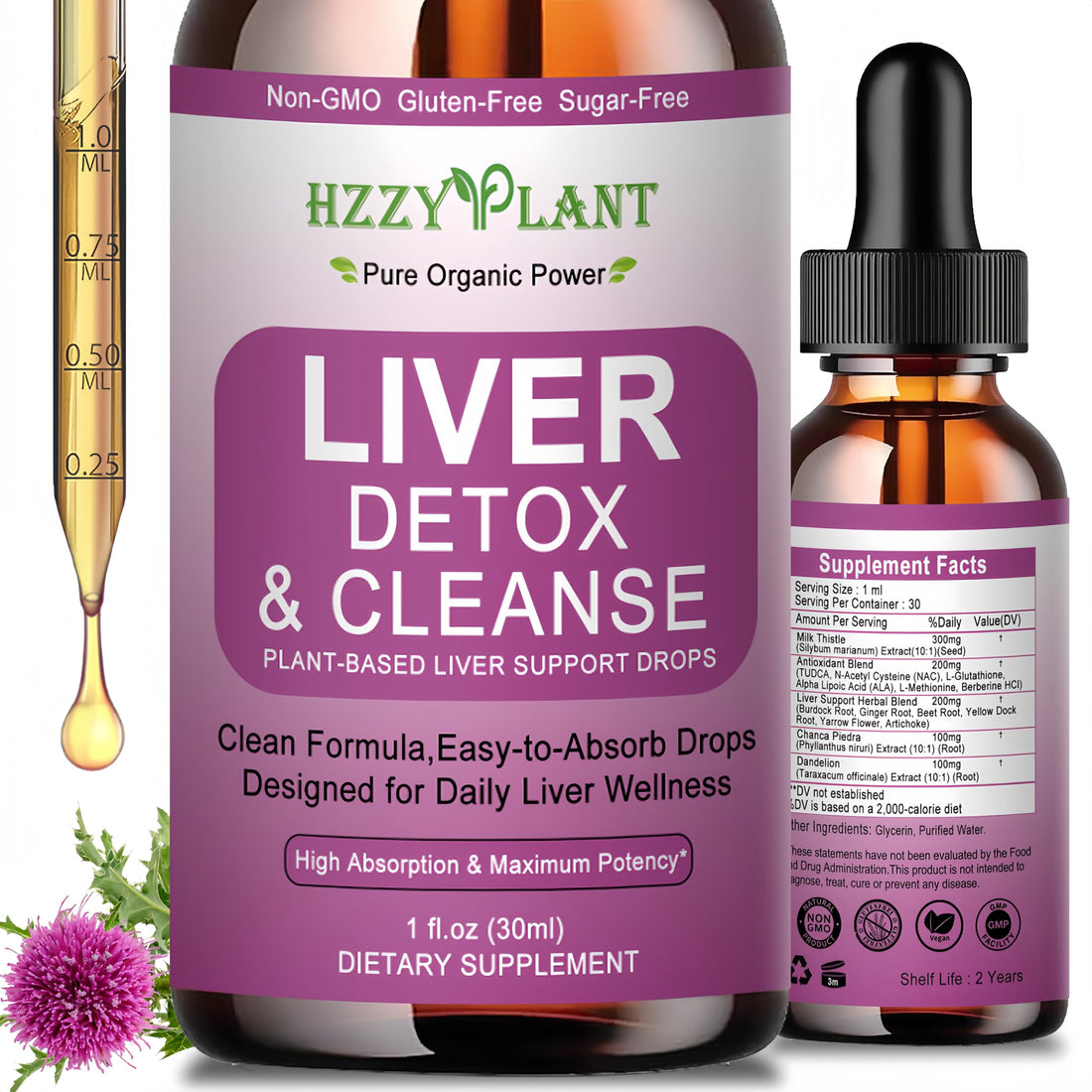Liver detox and cleanse supplement with dropper bottle on a white background