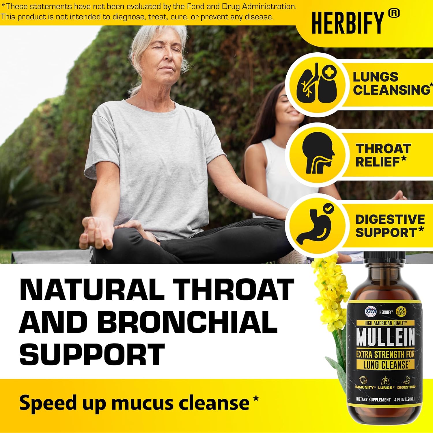 HERBIFY Bundle Lions Mane Capsules & Mullein Drops - Daily Supplement for Memory, Focus, Clarity & Powerful Lung Cleanse Support