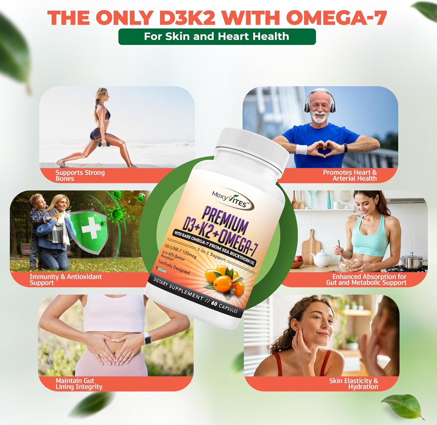 MoxyVites Vitamin D3 K2 5000 IU – High Absorption D3 + K2 MK-7 with Sea Buckthorn Oil & Omega-7 – Bone, Heart & Immune Support for Women & Men – 60 Vegan Capsules
