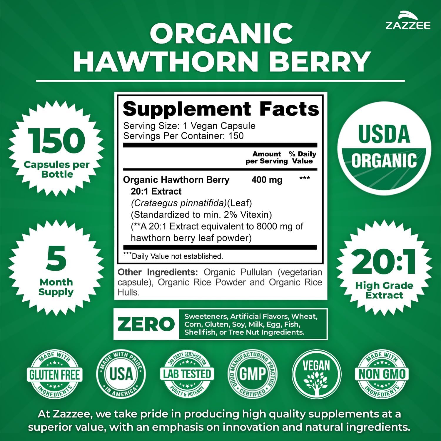 Zazzee USDA Organic Hawthorn Berry 20:1 Extract, 2% Vitexin, 150 Capsules | 5 Month Supply, Vegan, Crataegus Pinnatifida, Antioxidant & Circulation Support, Herbal Supplement, Non-GMO, Made in the USA