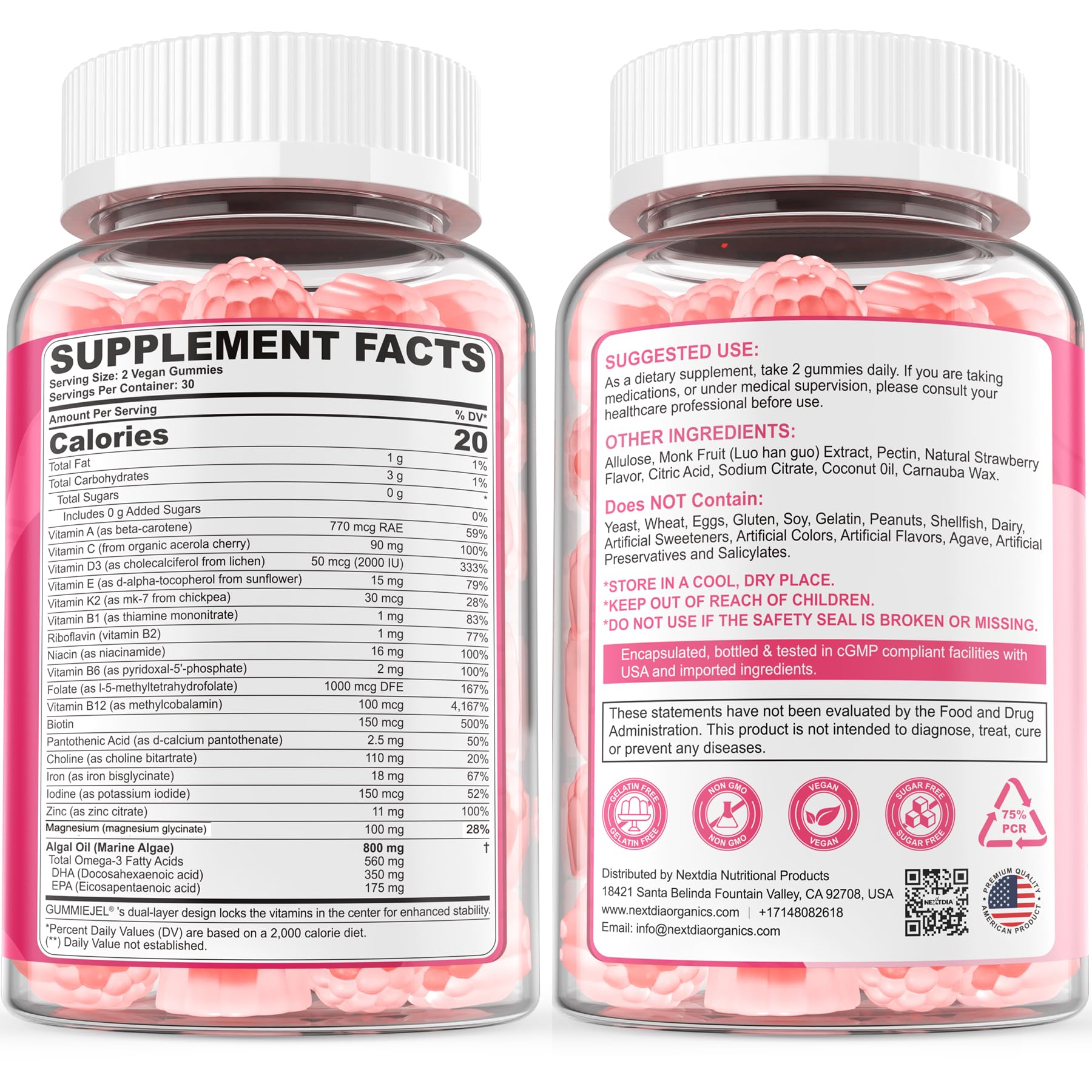 Prenatal Vitamins for Women Gummies, Methylfolate 1mg, Vegan Omega 3 DHA 800mg, Iron, Choline, Iodine, Vitamin D3 B6 B12 - Multivitamin for Women Before, During & After Pregnancy, Sugar Free, 60 Count