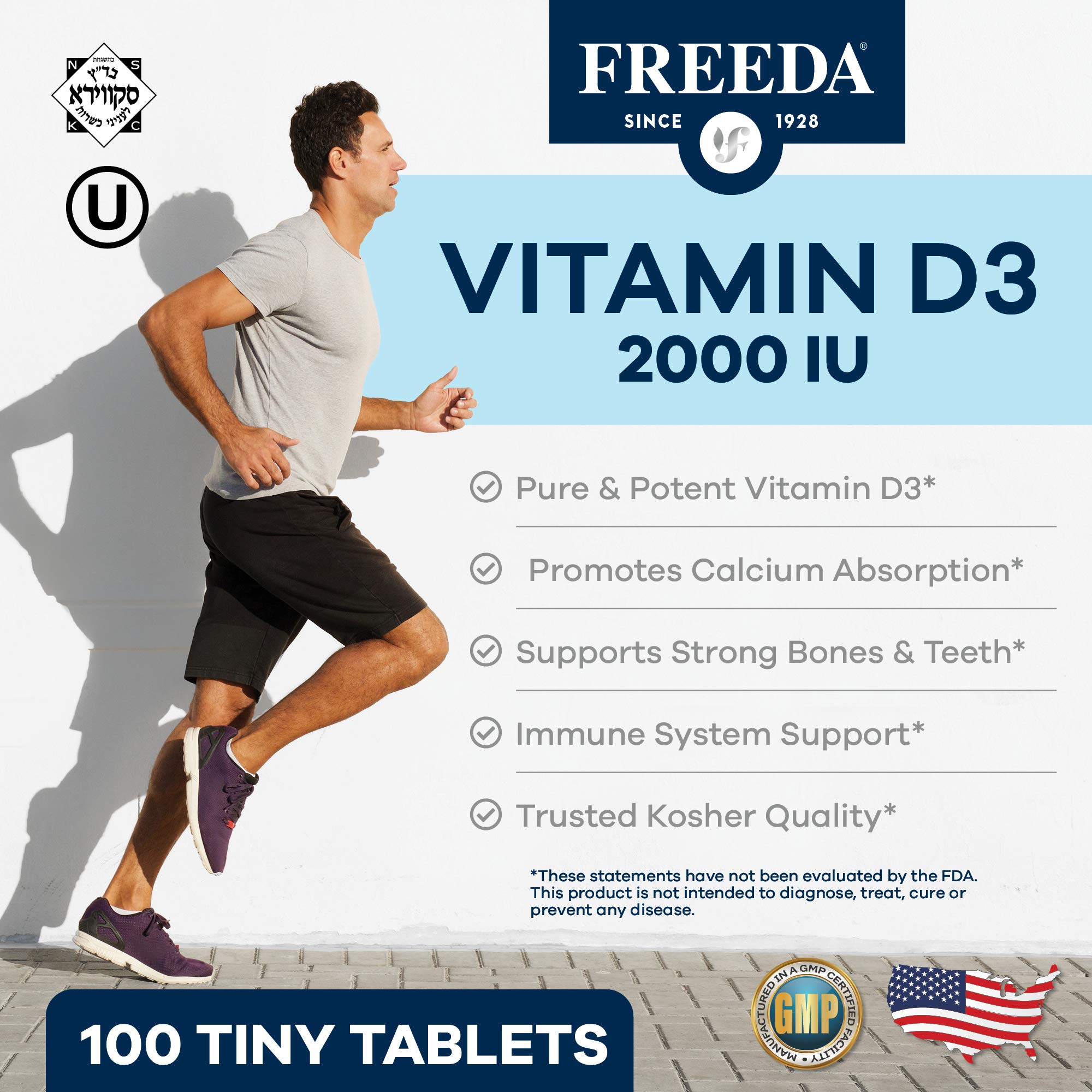 FREEDA Pure Vitamin D3 2000 IU Supplement – 250 Tiny Tablets | Moderate Strength Vitamin D3 Supplement - 50 mcg (2,000 IU) Supporting Bone, Joint, Muscle, and Immune Health for Women & Men