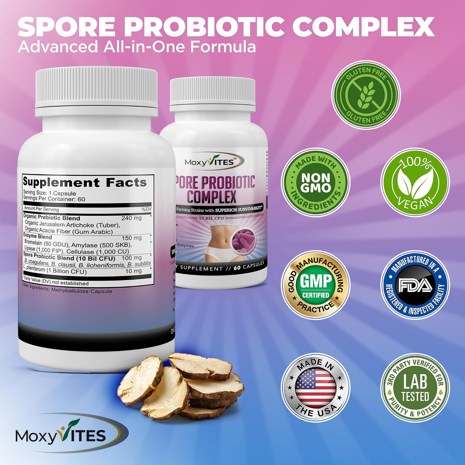 MoxyVites Spore Probiotic Complex - All In One Prebiotics and Probiotics for Digestive Health, Postbiotic, Digestive Enzymes Daily Supplement - Spore Based Probiotic for Women & Men