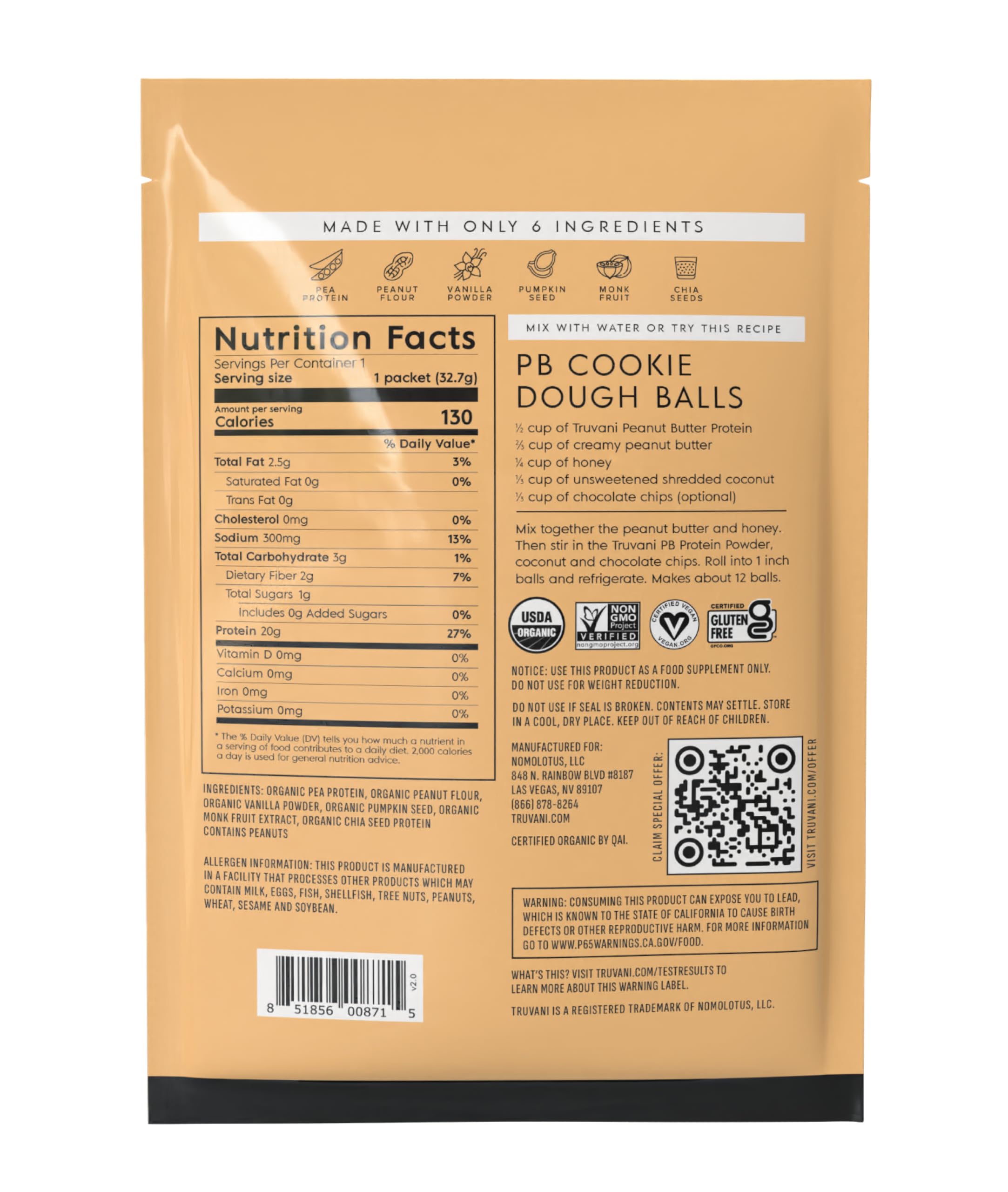 Truvani Organic Plant Based Protein Powder | Vanilla | 1 Serving | Vegan | 20g Pea Protein | Keto | Gluten & Dairy Free | Low Carb | No Added Sugar