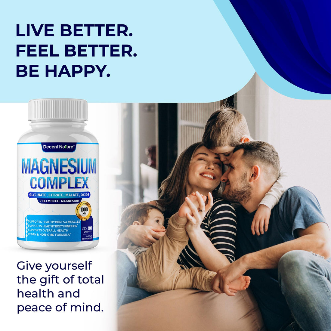 Bottle of Decent Nature Magnesium Complex supplement with health benefits listed on a white background.