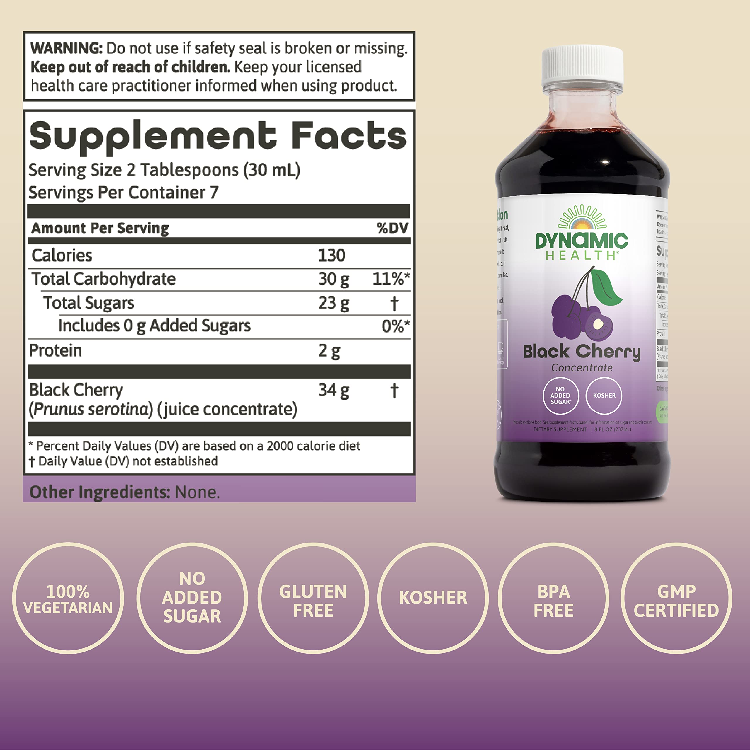 Dynamic Health 100% Pure Black Cherry Juice Concentrate, No Additives, Antioxidant Supplement, Urinary Tract & Joint Support, 16 Fl oz