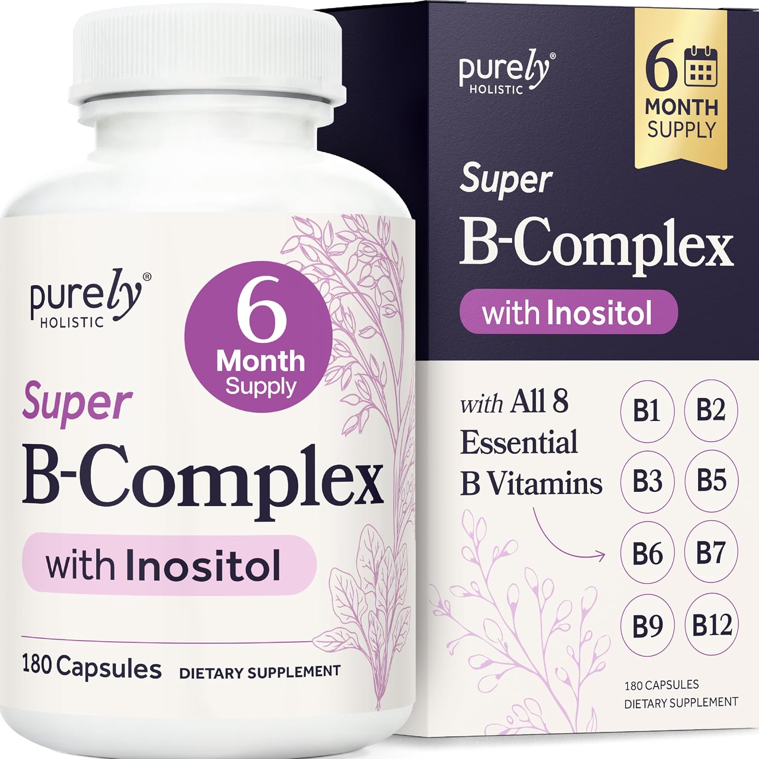 Vitamin B Complex, B1, B2, B3, B5, B6, B7, B9, B12 Inositol, 6 Month Supply | Energy Immune & Nervous System Support, Super B Complex Vitamins for Women & Men, One-A-Day, Vegan & Non-GMO, 180 Capsules