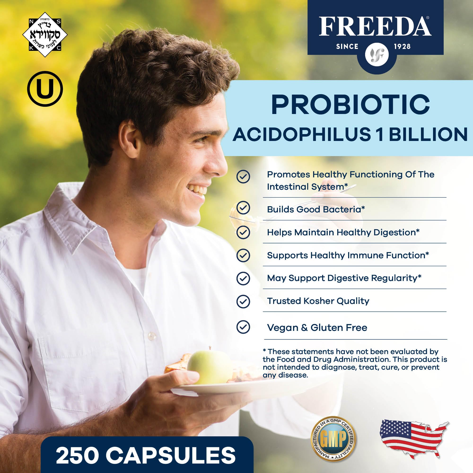 FREEDA Acidophilus Probiotic 1 Billion CFU for Digestive Support – 100ct | Immune Function & Digestive Health Support for Women & Men – Vegan, Kosher, Gluten-Free, & Made in USA
