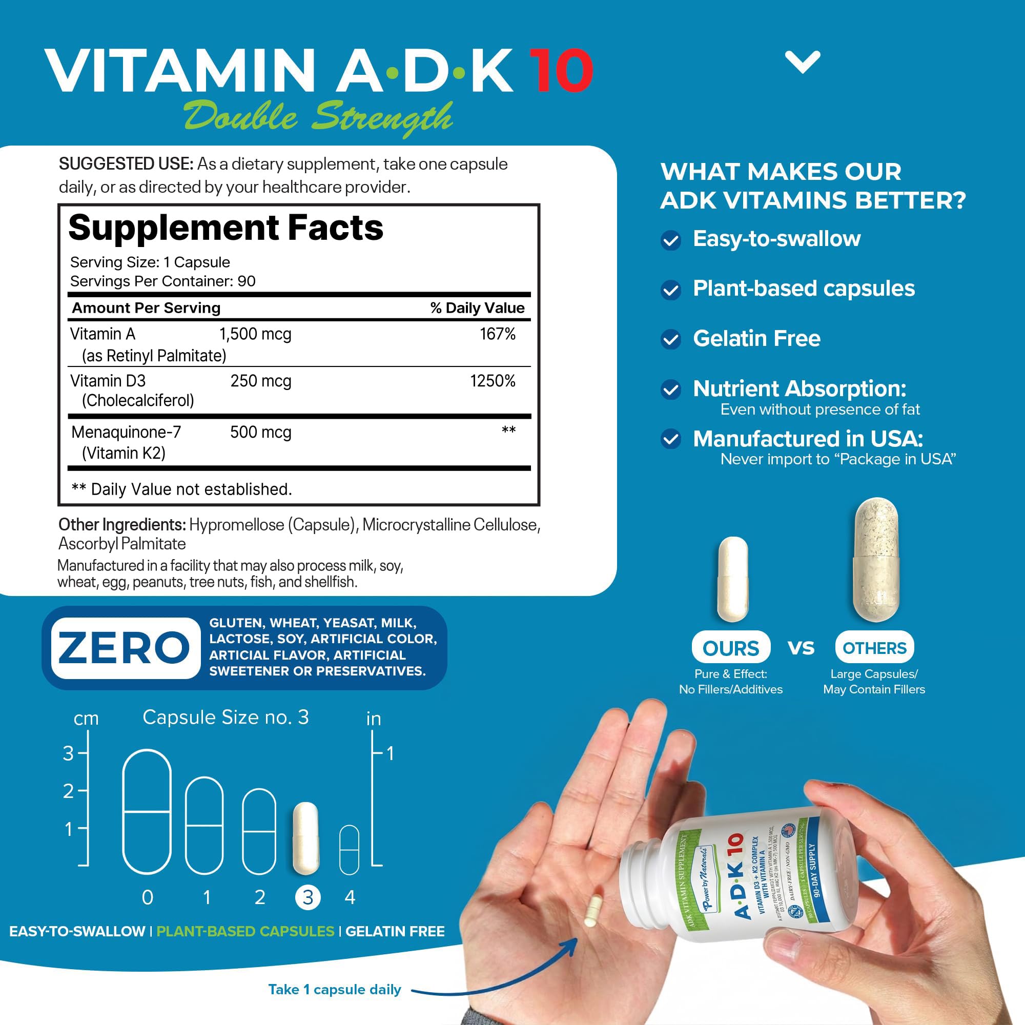 Power By Naturals ADK 10 Vitamin Supplement – Vitamins A, D3 & K2 MK-7 for Bone, Heart & Immune Health – Gluten-Free, Soy-Free – 90 Capsules (3-Month Supply)