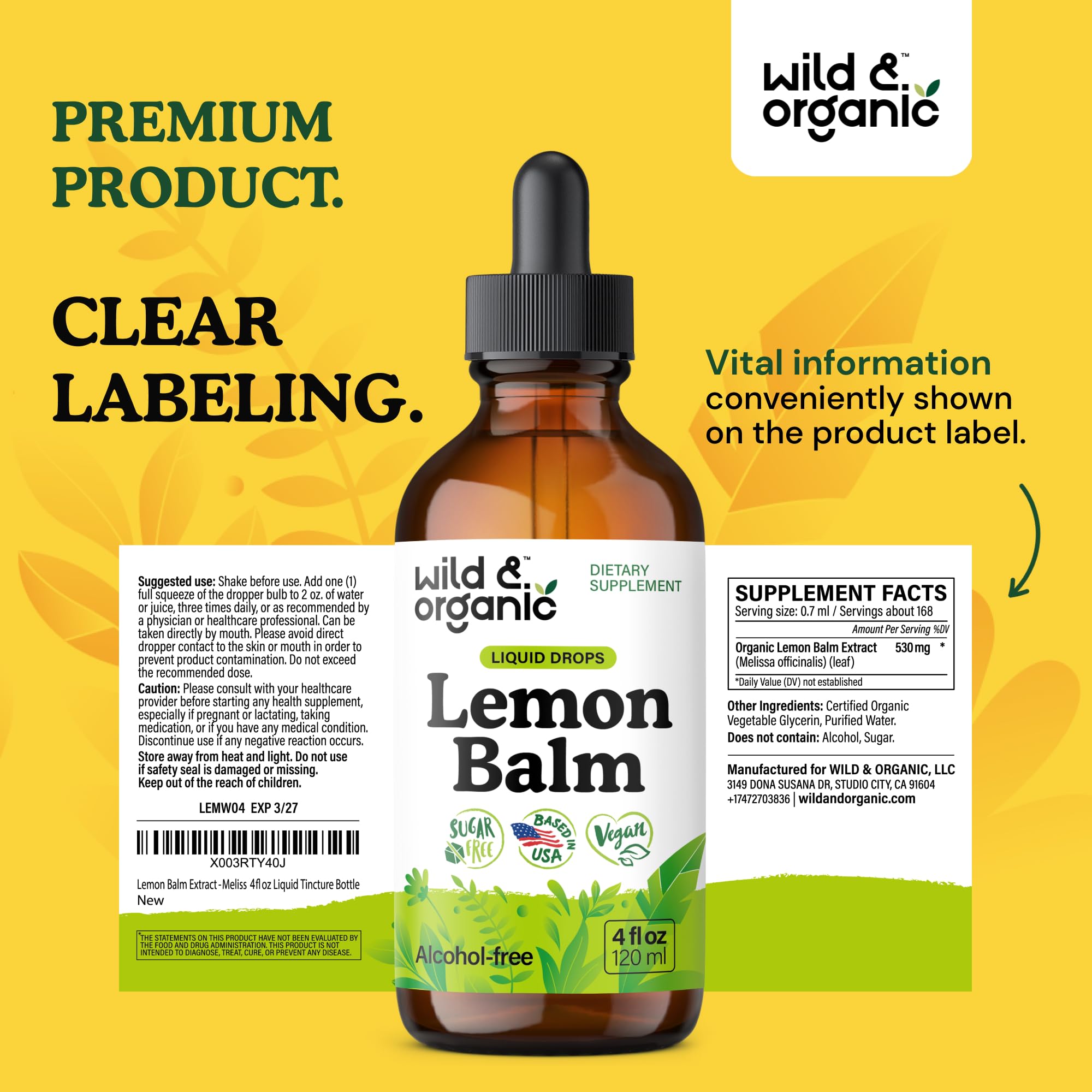 Wild & Organic Lemon Balm Tincture - Good Mood Support - Melissa Lemon Balm Extract Drops - Add to Tea for Relaxation - Vegan, Sugar & Alcohol-Free Leaf Supplement - 4 fl oz