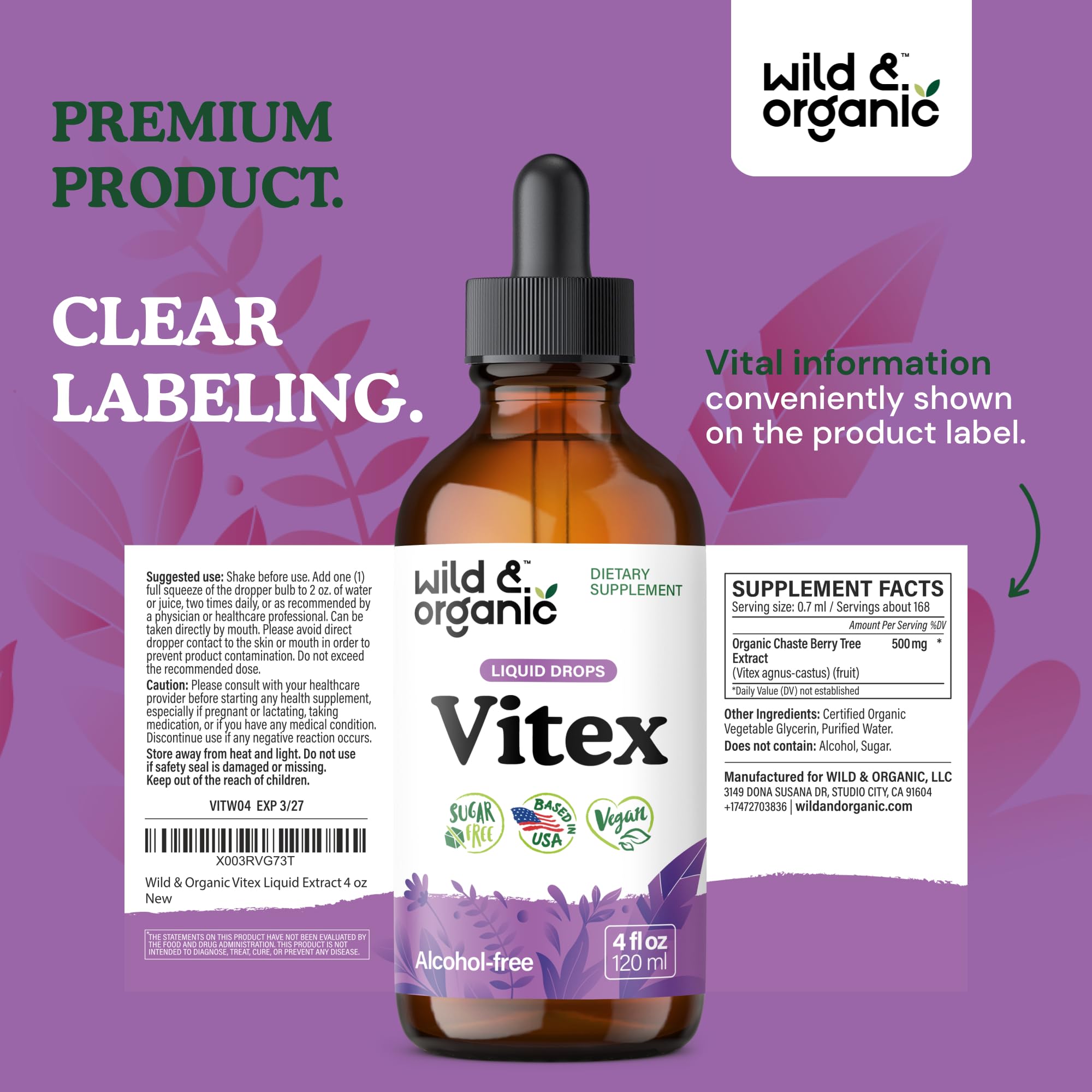 Wild & Organic Vitex Tincture - Mood & Perimenopause Support - Vitex Chasteberry Supplement for Women - Liquid Chaste Tree Berry Extract - Vegan, Sugar & Alcohol-Free Herb Drops - 4 fl oz