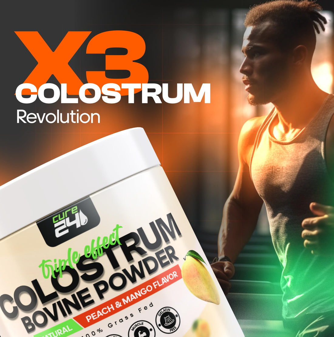 Colostrum bovine powder container with peach and mango flavor on a white background