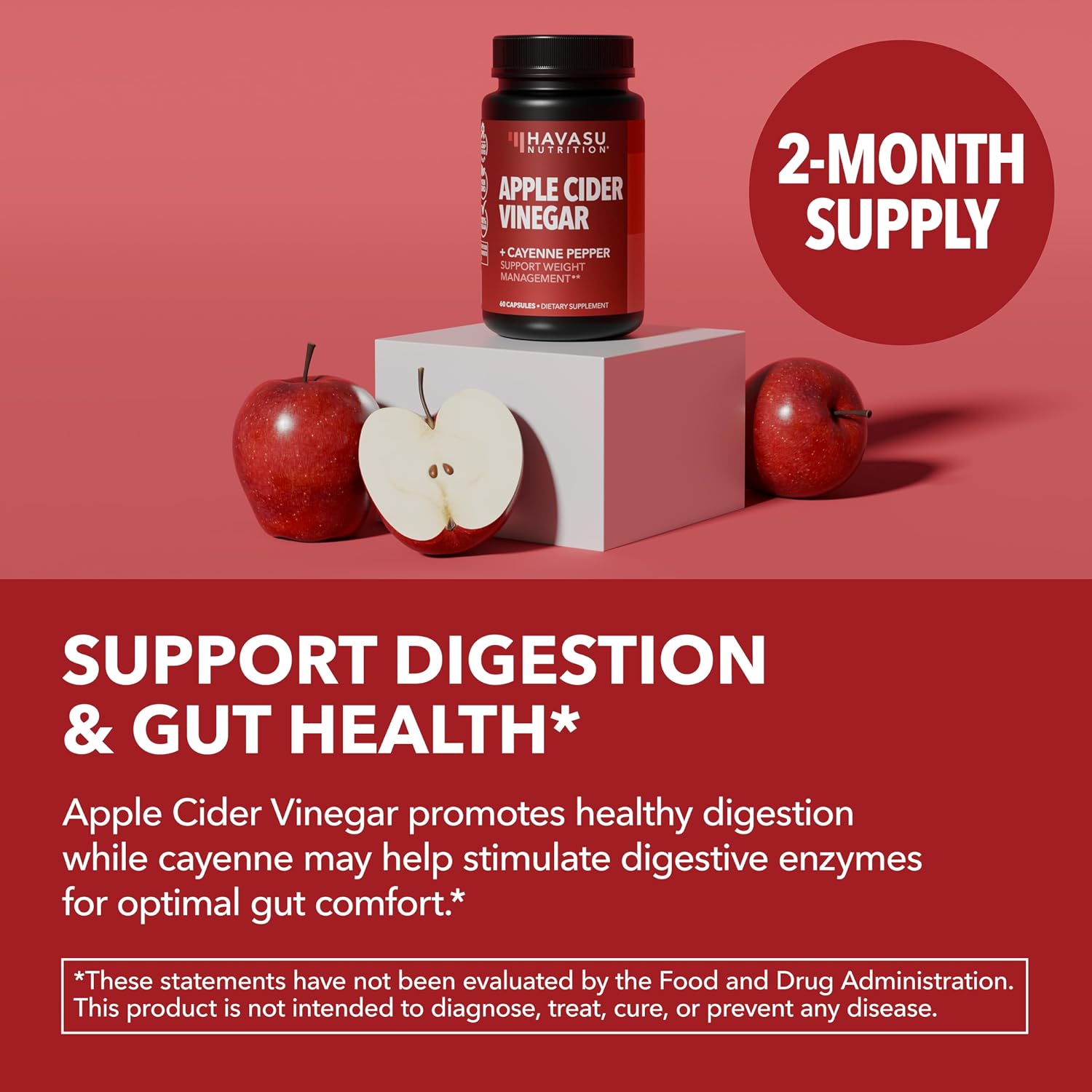 Apple Cider Vinegar Capsules with Cayenne Pepper, 60 Count, 2-Month Supply | 500mg ACV Per Serving for Appetite, Cravings, and Bloating Relief, Vegan, Non-GMO, Easy-to-Take Capsules, 60-Day Supply