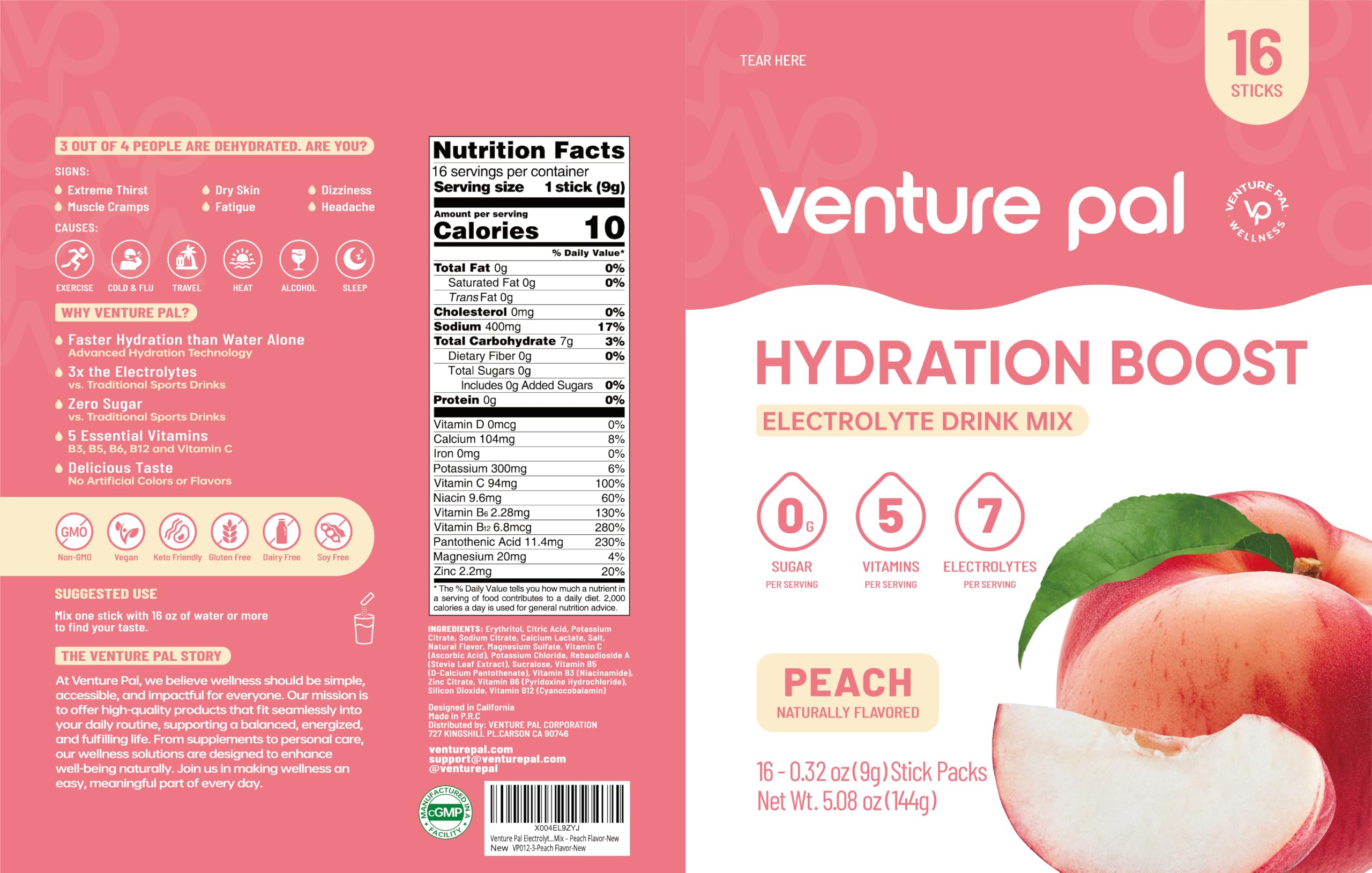 Venture Pal Sugar Free Electrolyte Powder, Liquid Daily IV Hydration Packet | 7 Electrolytes & 5 Vitamins Instantly Hydration, Electrolyte Dink Mix for Sports & Recovery, Vegan, Keto-Friendly, 16 Sticks