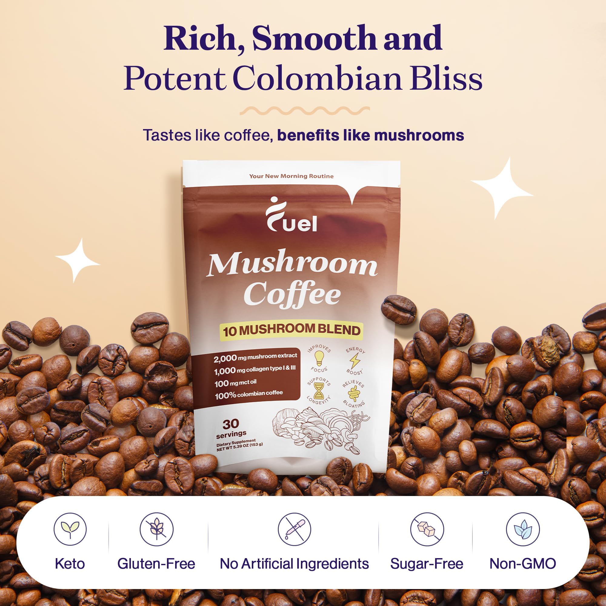 Fuel Brain Boost Mushroom Coffee Nutrition, Organic Blend for Gut Health, Lion's Mane Powder, Chaga & Mushroom Powder Low Caffeine Instant Coffee, Nootropics Drink, 30 Servings