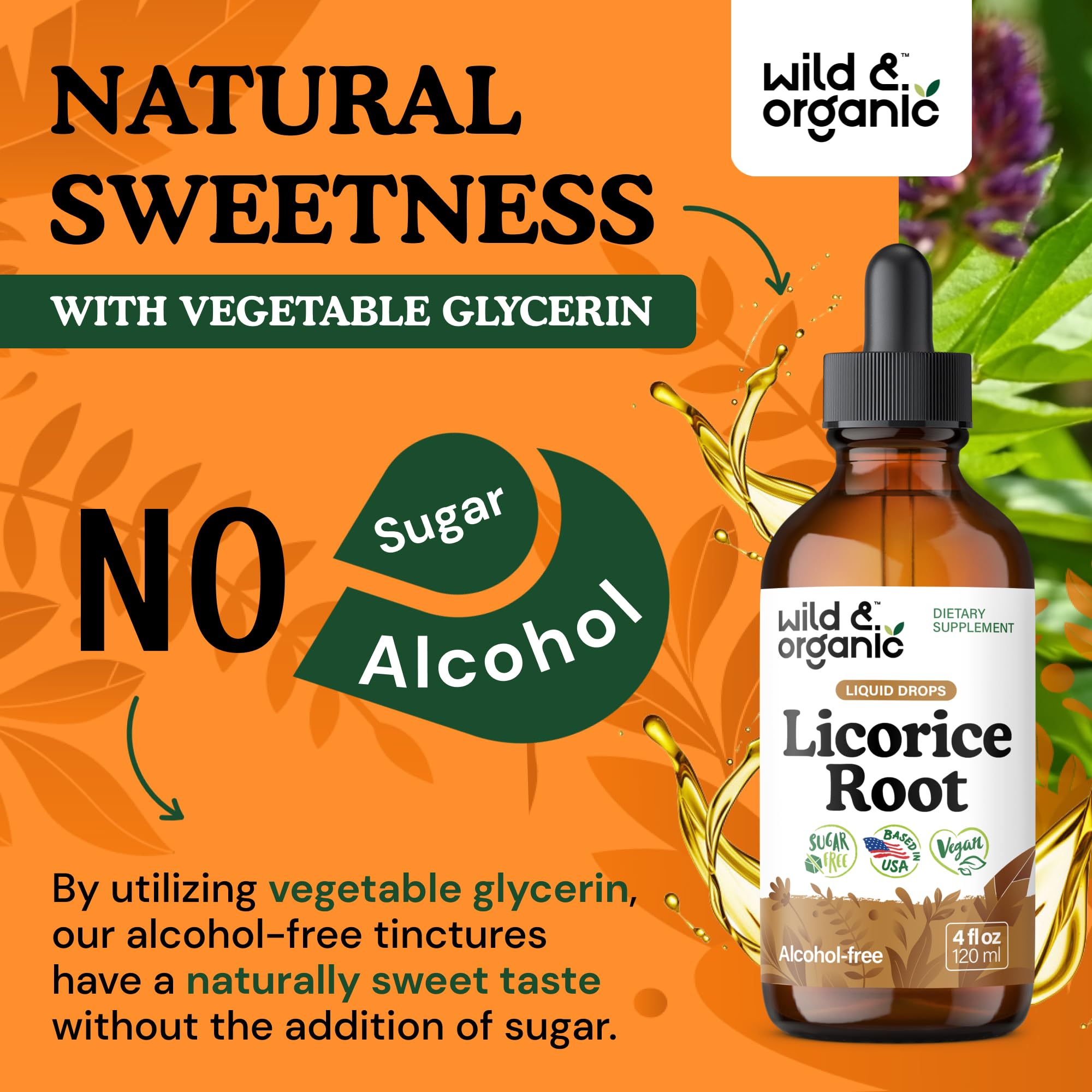 Wild & Organic Licorice Root Tincture - Digestive, Lung & Skin Support - Licorice Root Extract Liquid Drops - Vegan, Sugar & Alcohol-Free Supplement - 4 fl oz