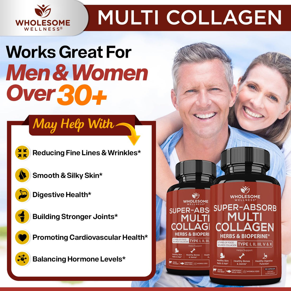 Wholesome Wellness Super-Absorb Multi Collagen Pills (Type I II III V X) Organic Herbs & Bioperine - Hair, Skin, Nails - Hydrolyzed Peptides Protein Supplement