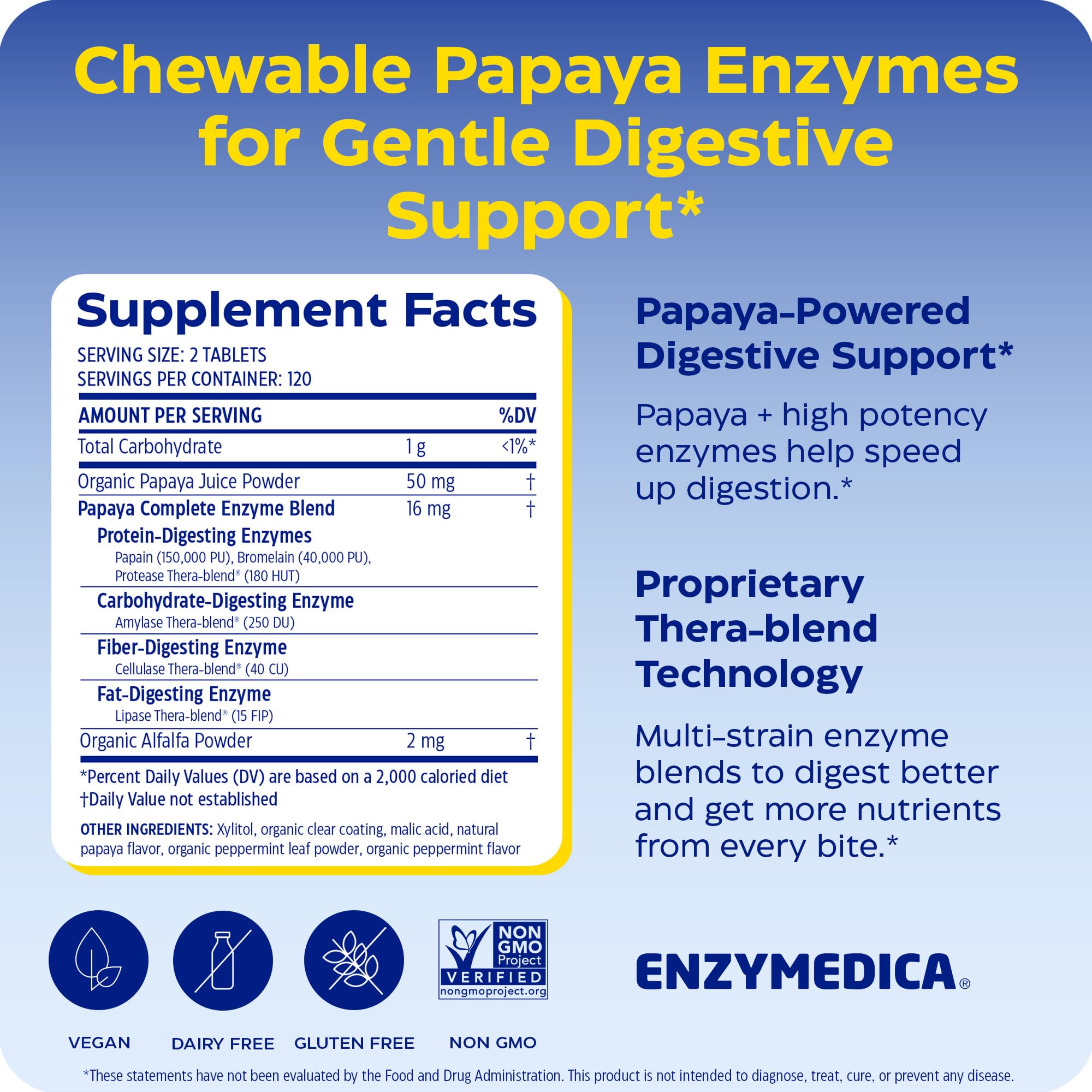 Enzymedica Papaya Complete - Papaya Enzymes Chewable, Digestive Enzyme Supplement for Women and Men, Digestion & Gut Health Support, High Potency Bromelain & Papain, Vegan, Gluten Free - 120 Tablets