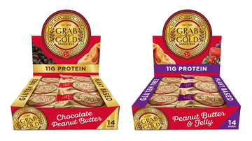 Grab The Gold Protein Snack Bar Bundle | Plant-Based Protein, Gluten-Free, Vegan, Dairy-Free, Kosher | 28 Count Variety Pack 14 Chocolate Peanut Butter & 14 Peanut Butter & Jelly, Made in USA