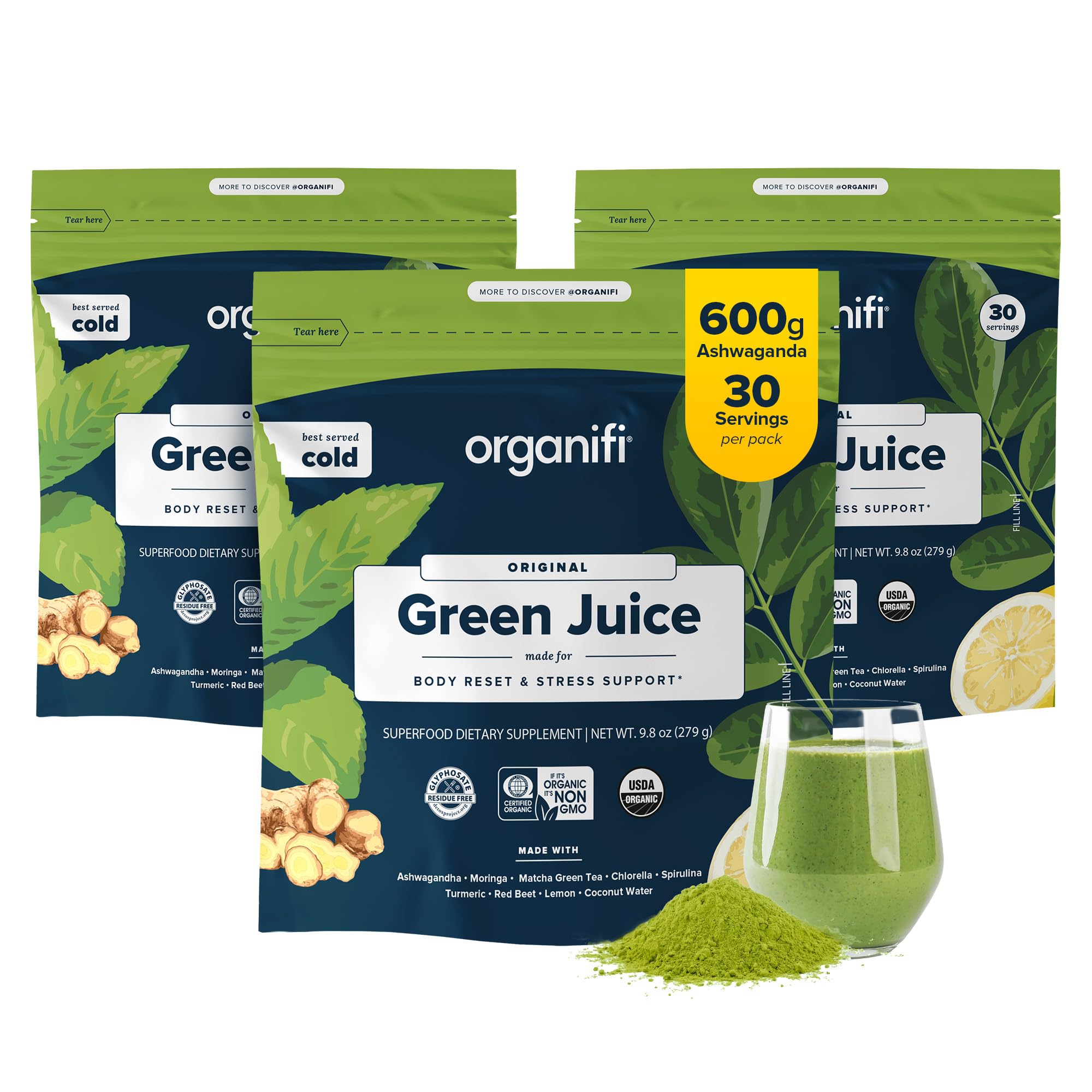 Organifi Green Juice - Powder Supplement with Organic Spirulina, Ashwagandha, and Chlorella - Helps Achieve Fitness Goals and Reduce Cortisol Levels, 30-Day Supply