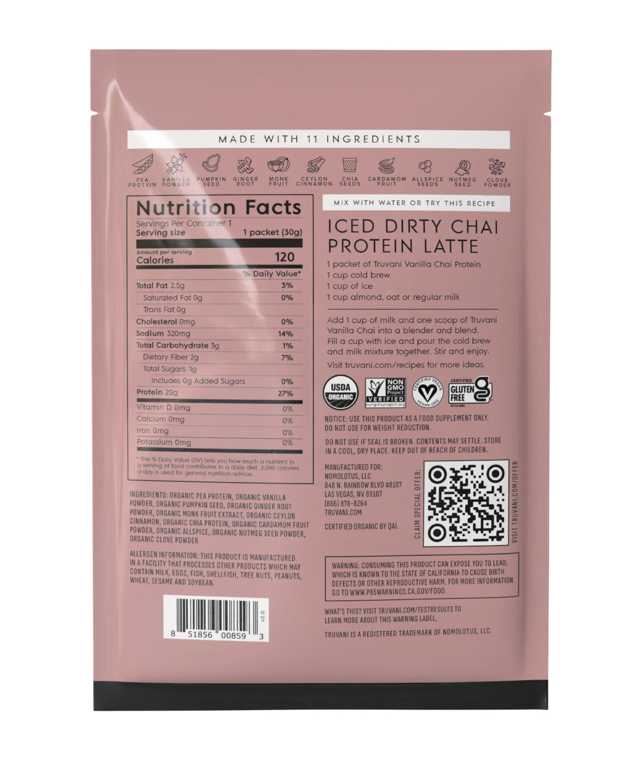 Truvani Organic Plant Based Protein Powder | Vanilla | 1 Serving | Vegan | 20g Pea Protein | Keto | Gluten & Dairy Free | Low Carb | No Added Sugar